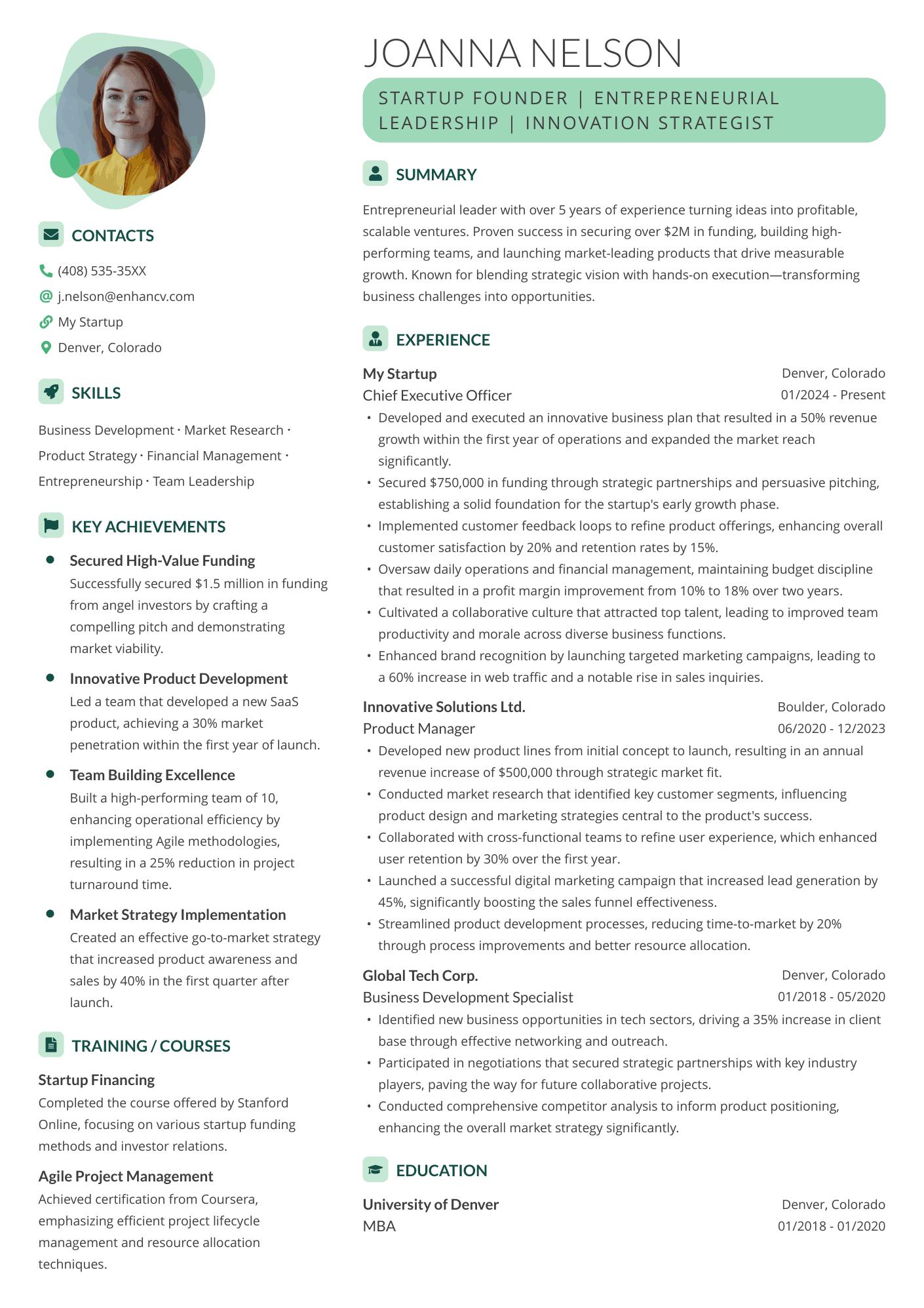 Green Contemporary Resume Template A contemporary entry level marketer resume template with green accent colors and a photo.
