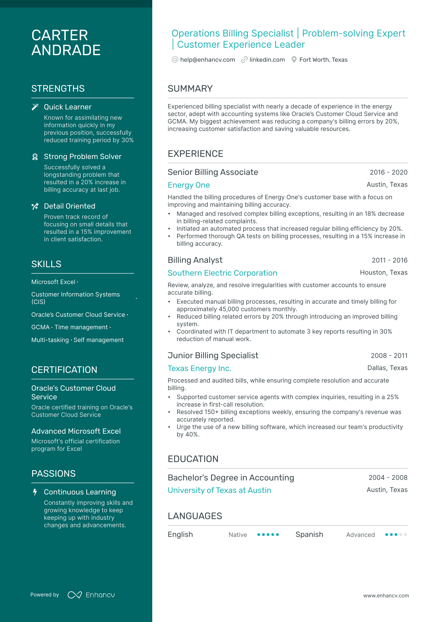 Billing Specialist resume example
