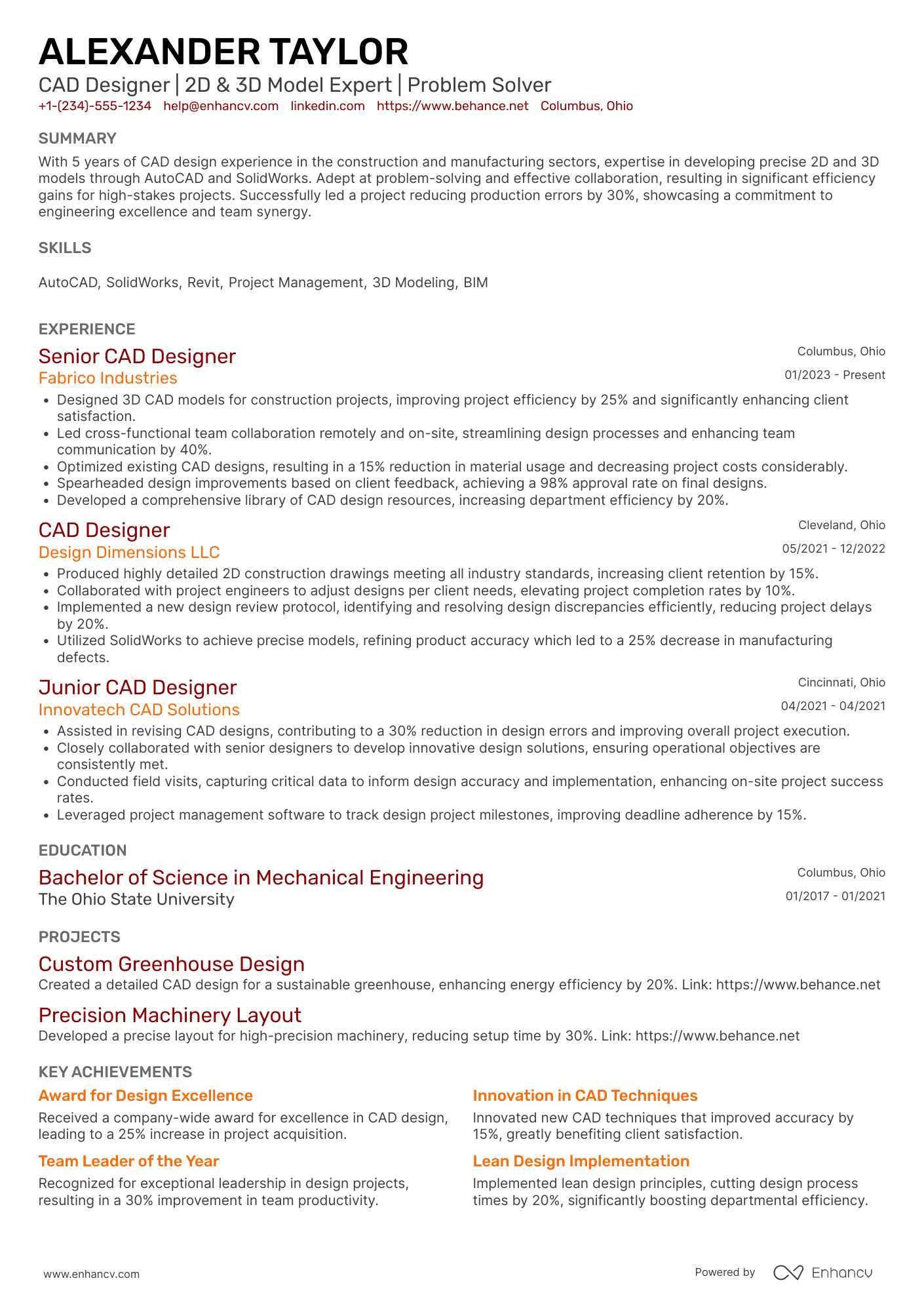 CAD Designer resume example