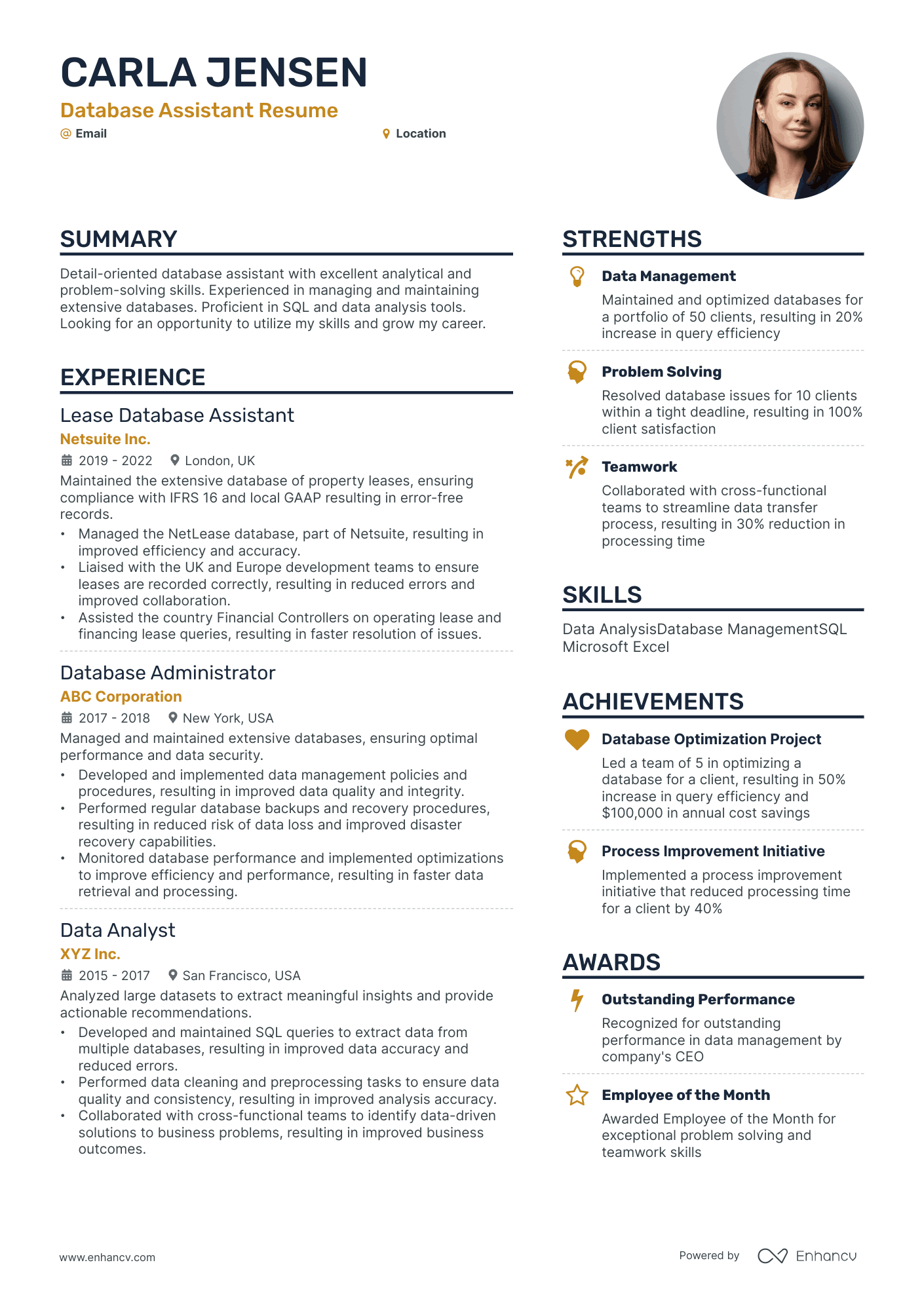 Database Assistant resume example