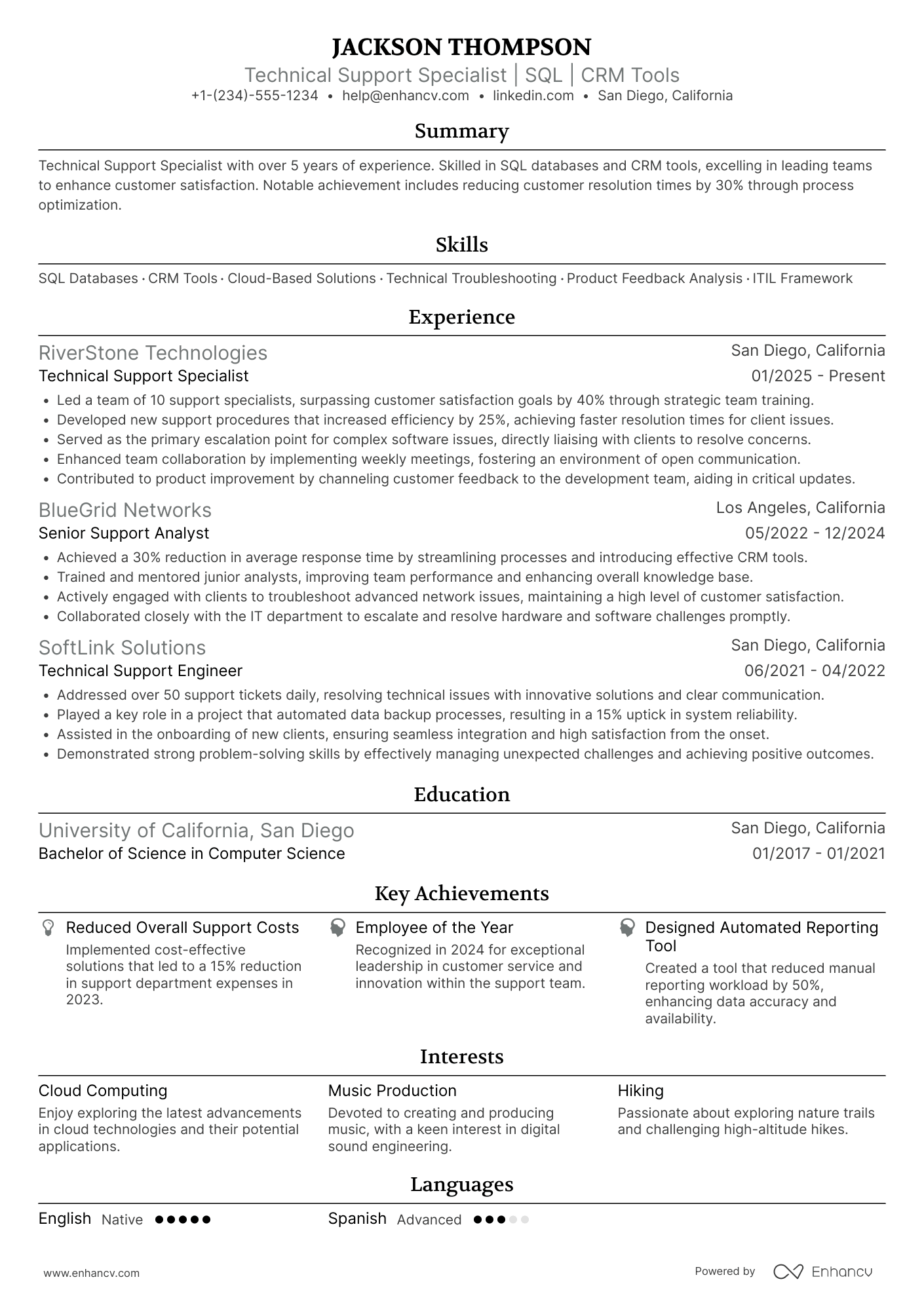 Technical Support Manager resume example