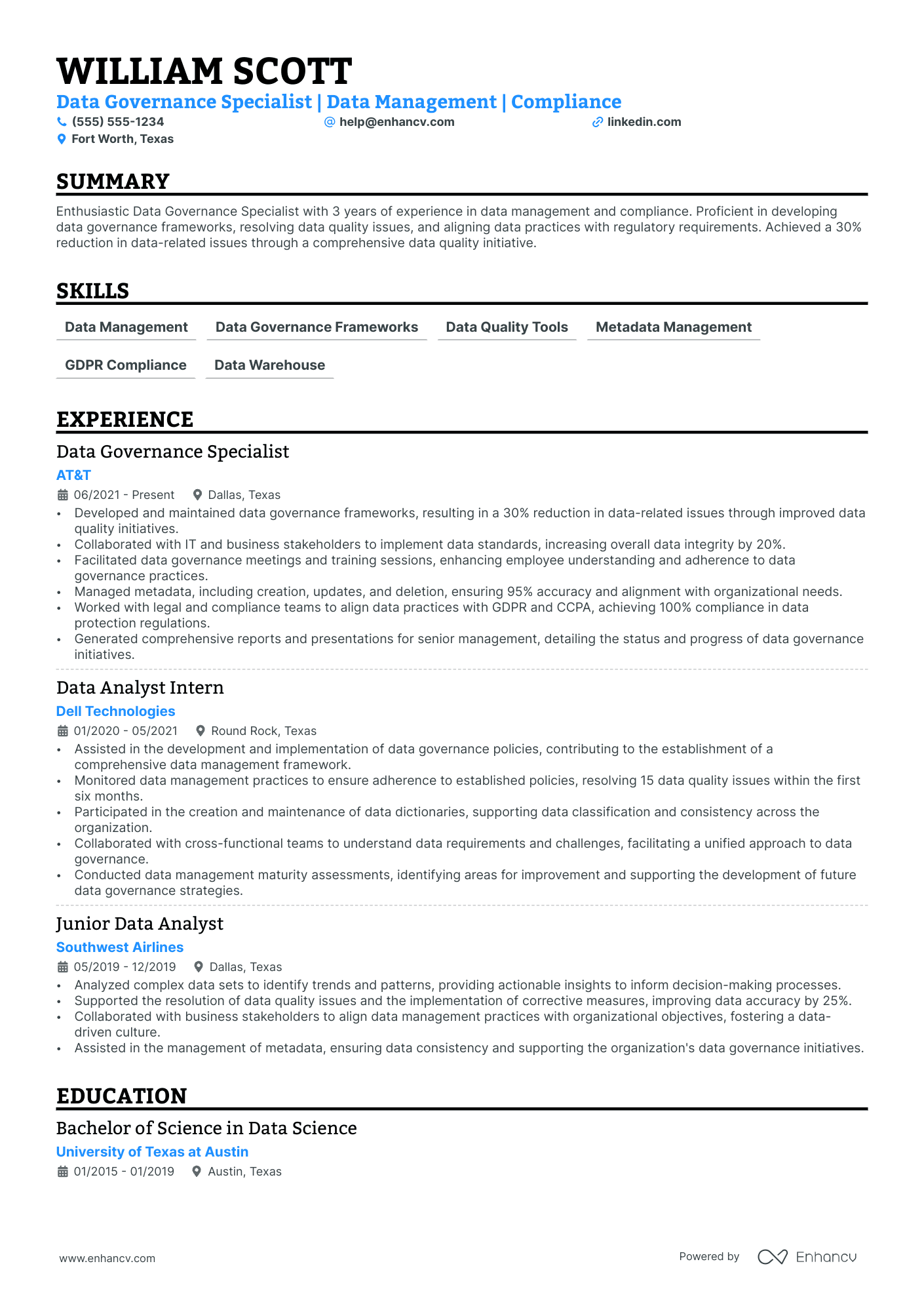 Data Governance Specialist resume example