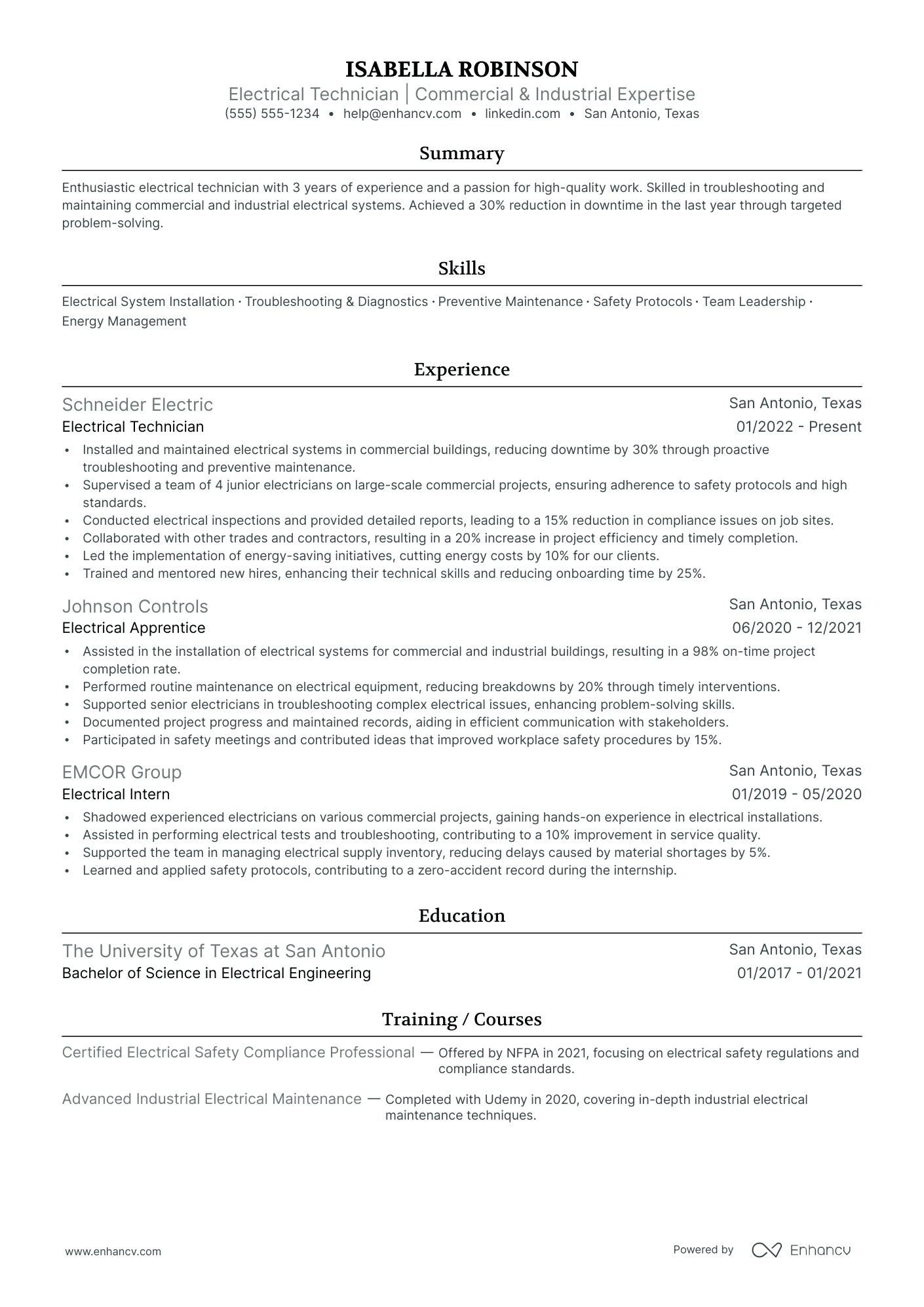 Commercial Electrician resume example