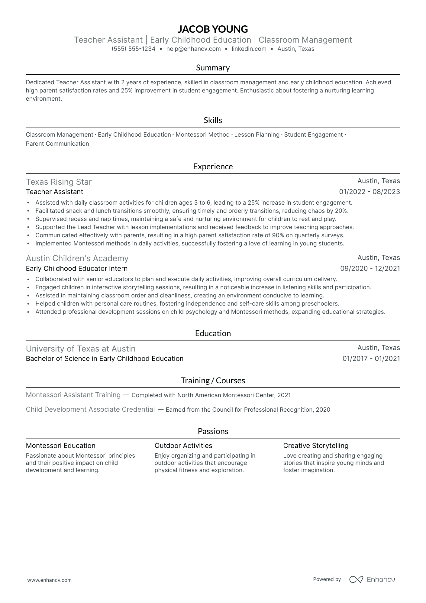 Preschool Teacher Assistant resume example