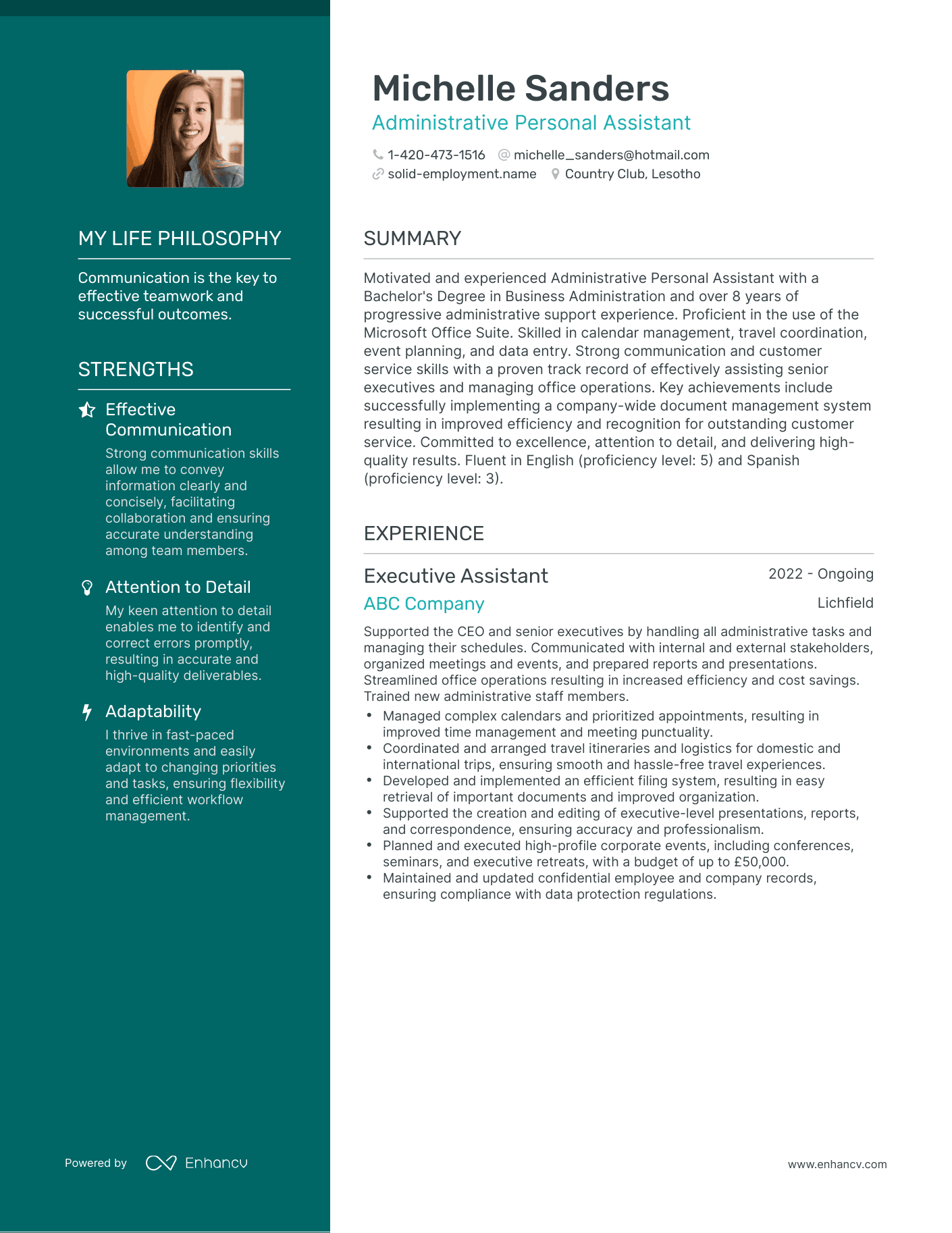 Creative Administrative Personal Assistant Resume Example