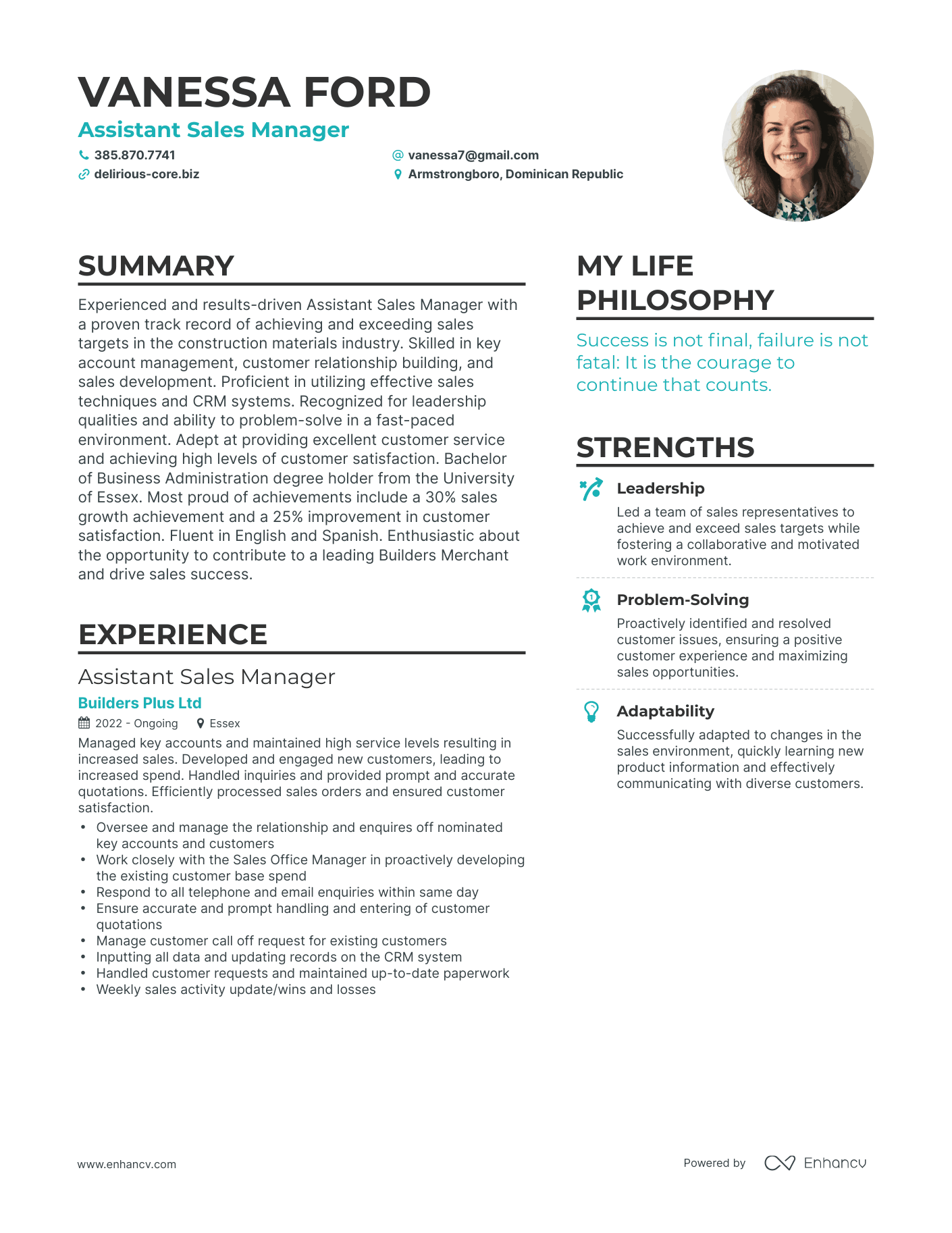 Assistant Sales Manager resume example