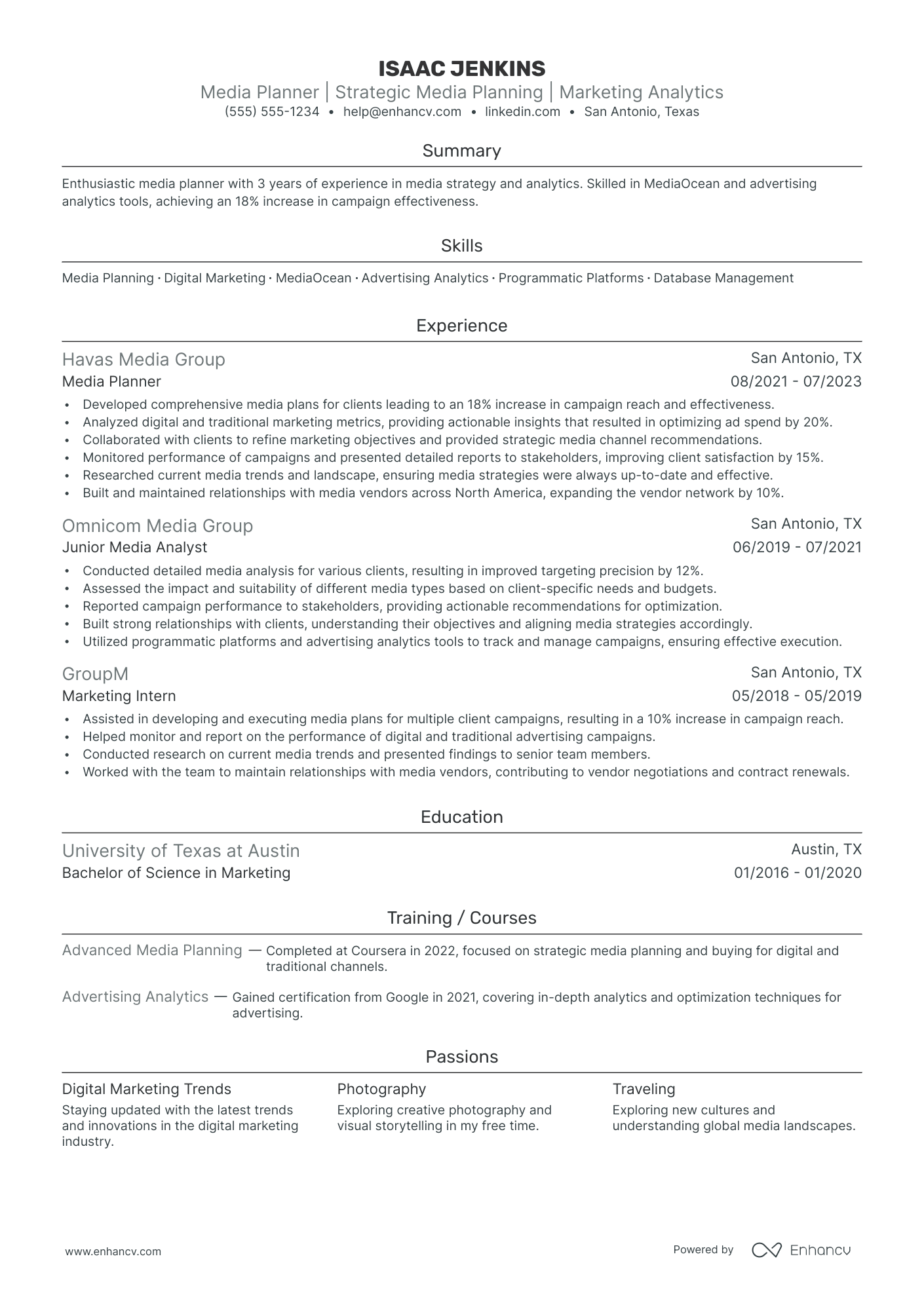 Media Planner resume example