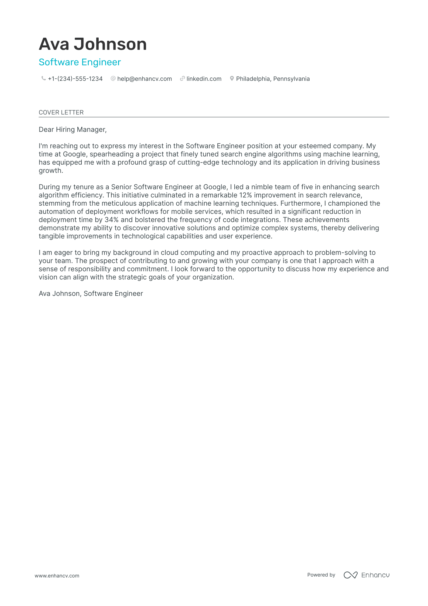 Software Engineering Intern cover letter