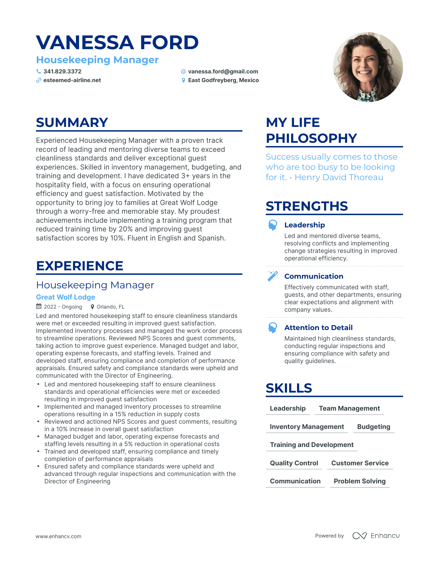 Housekeeping Manager resume example