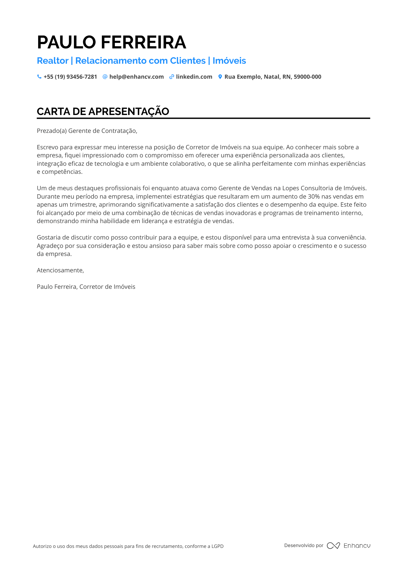 Corretor de imóveis Carta de apresentação