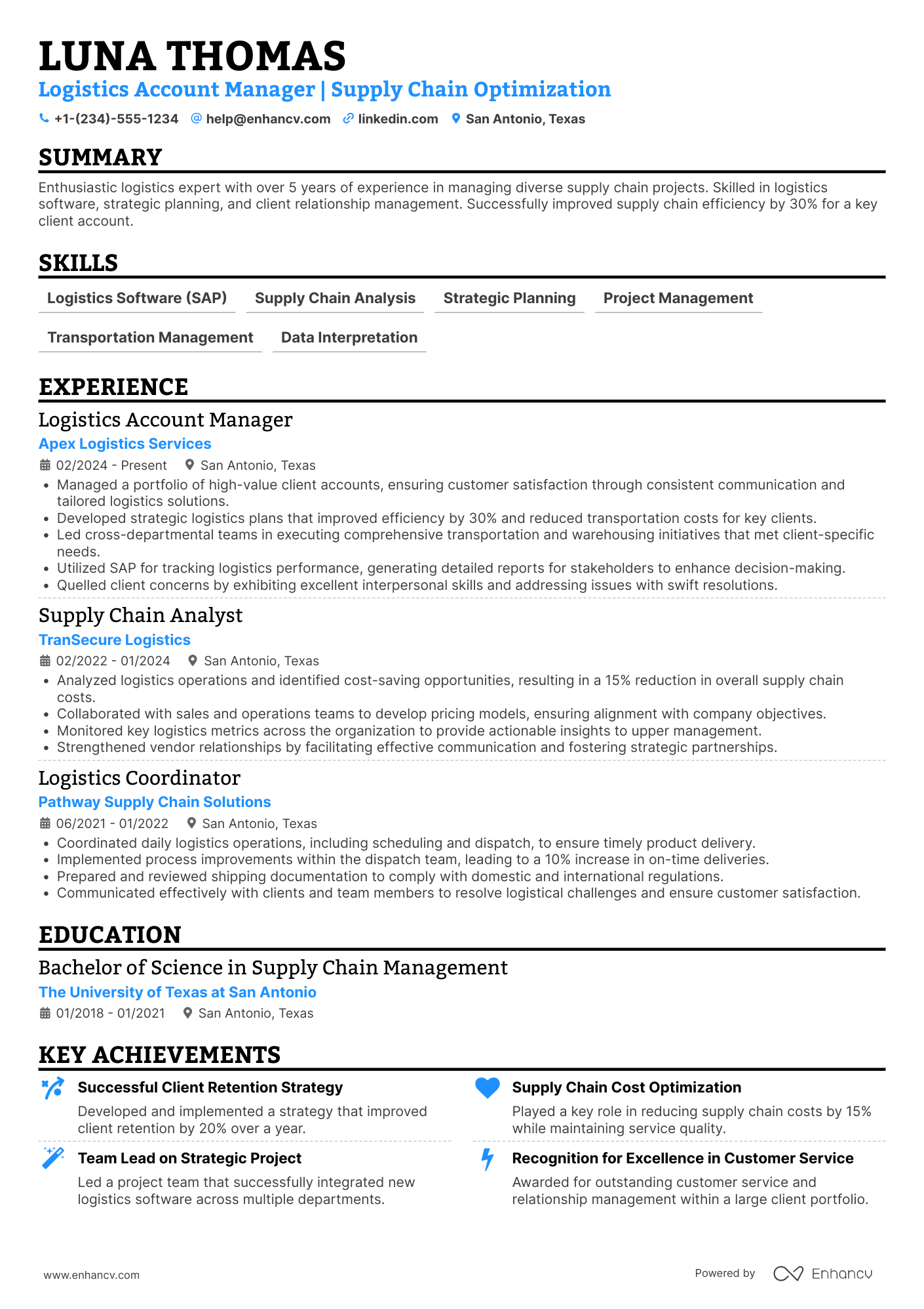 Logistics Account Manager resume example
