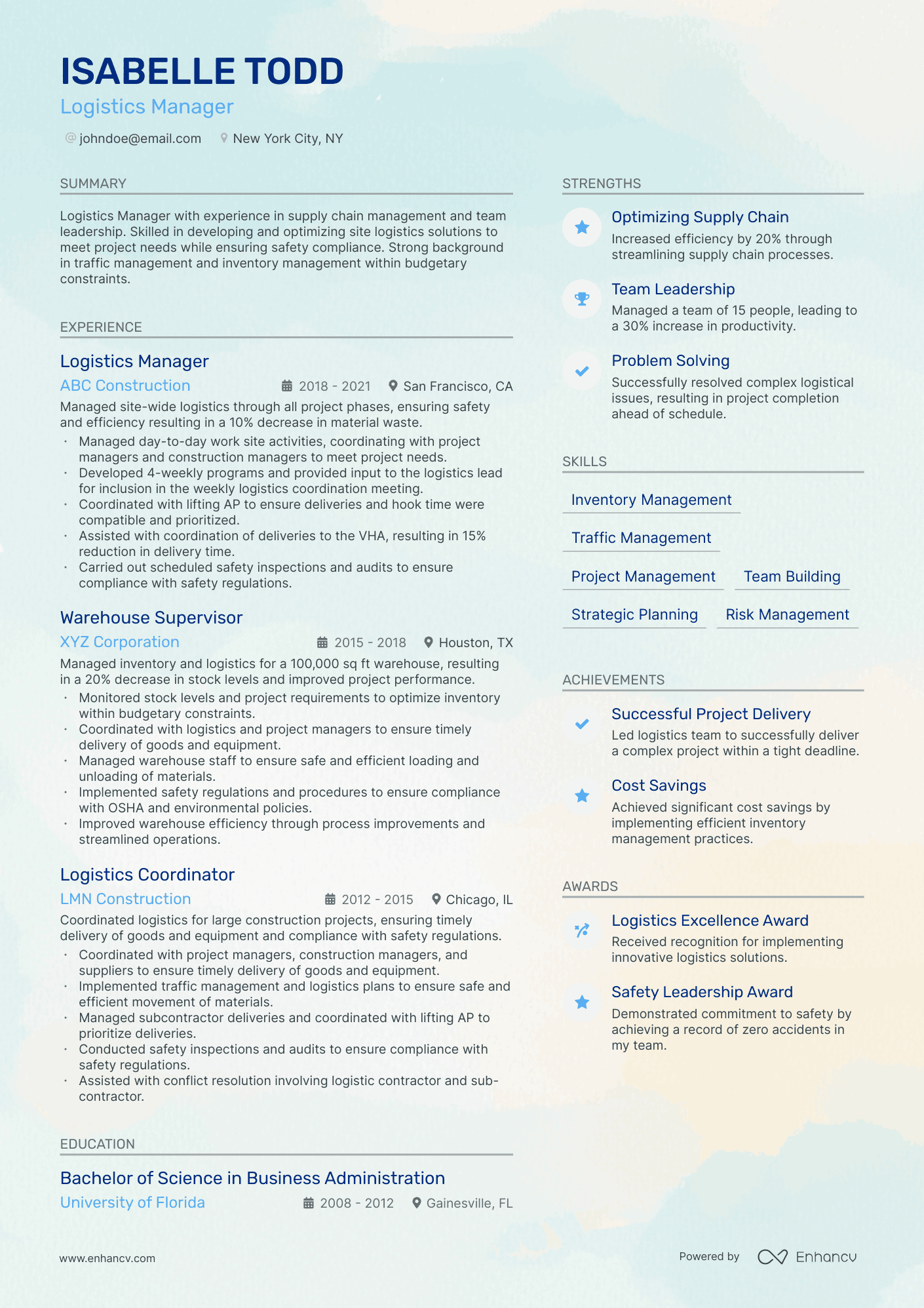 logistic manager resume example