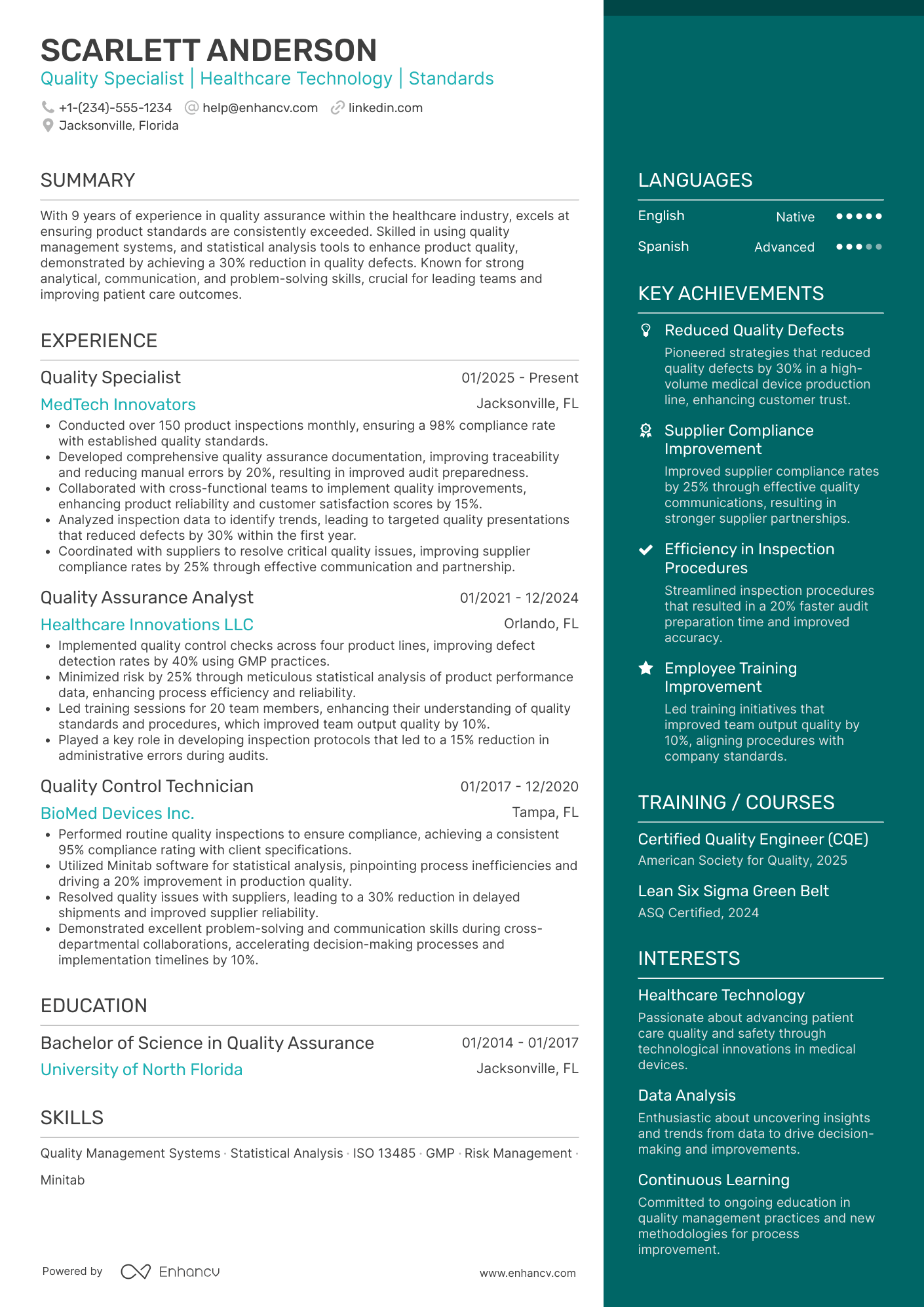 Quality Specialist resume example