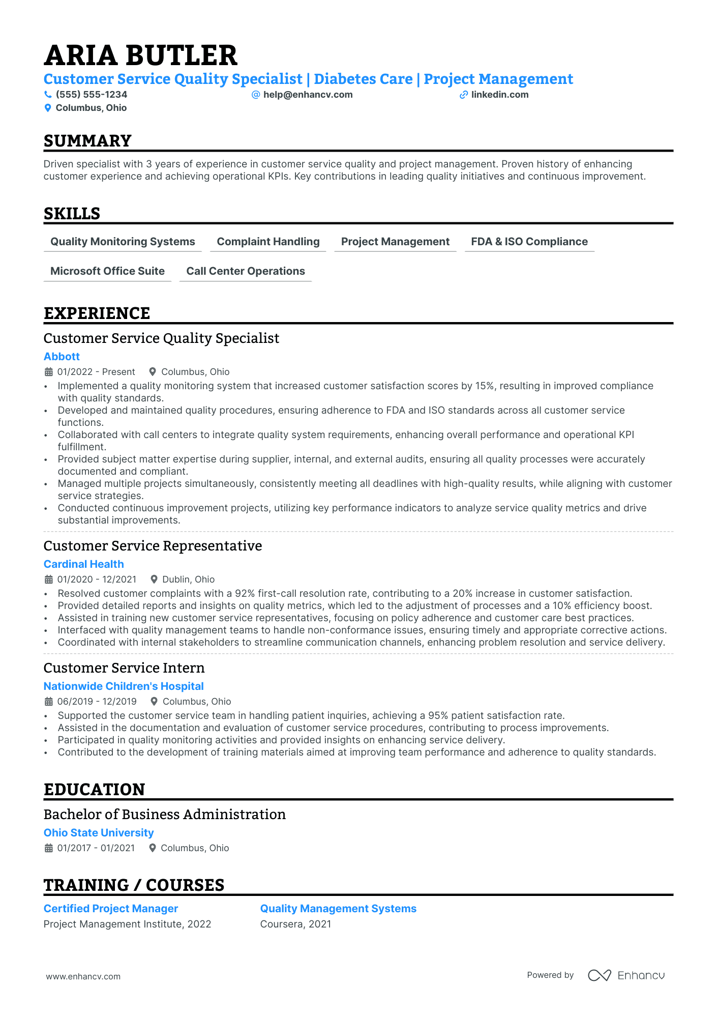 Customer Service Project Manager resume example