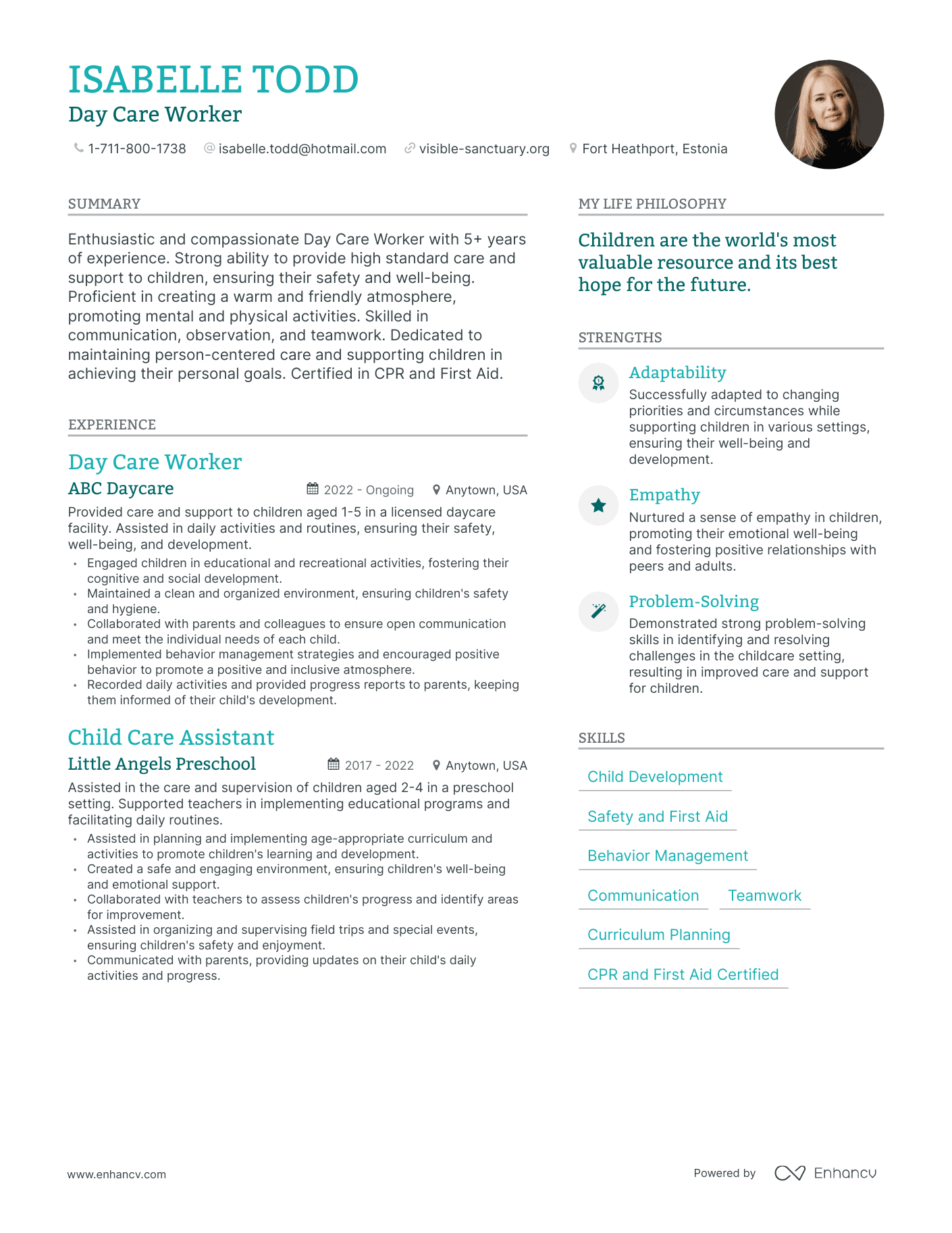 Modern Day Care Worker Resume Example