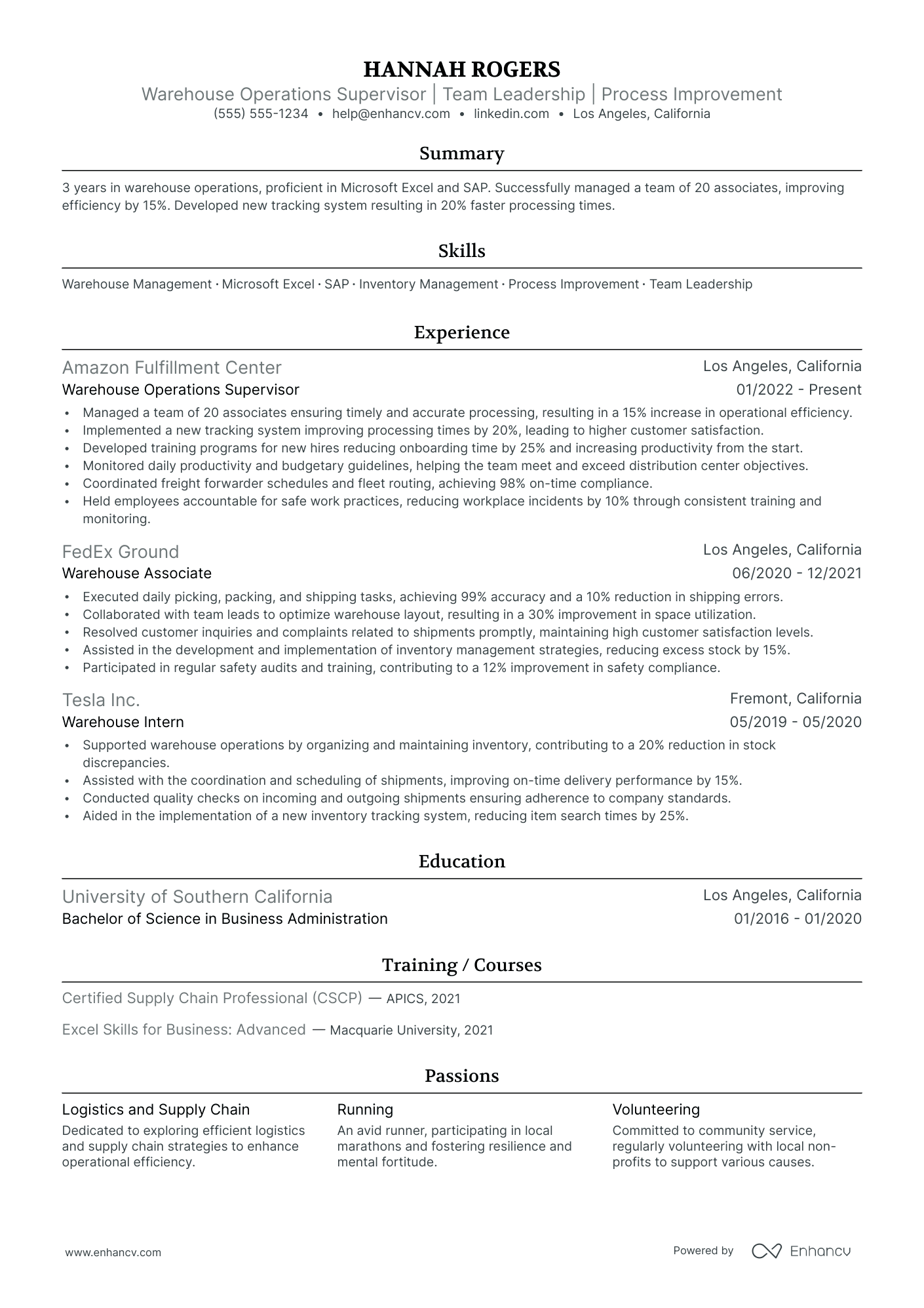 Warehouse Associate Supervisor resume example