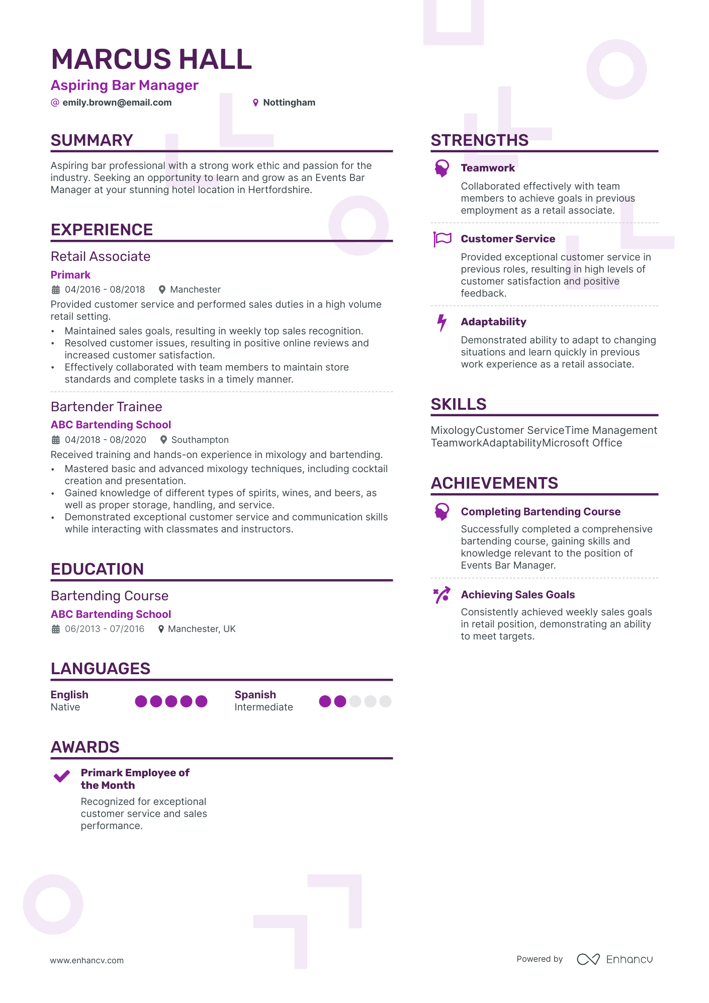Aspiring Bar Manager CV example