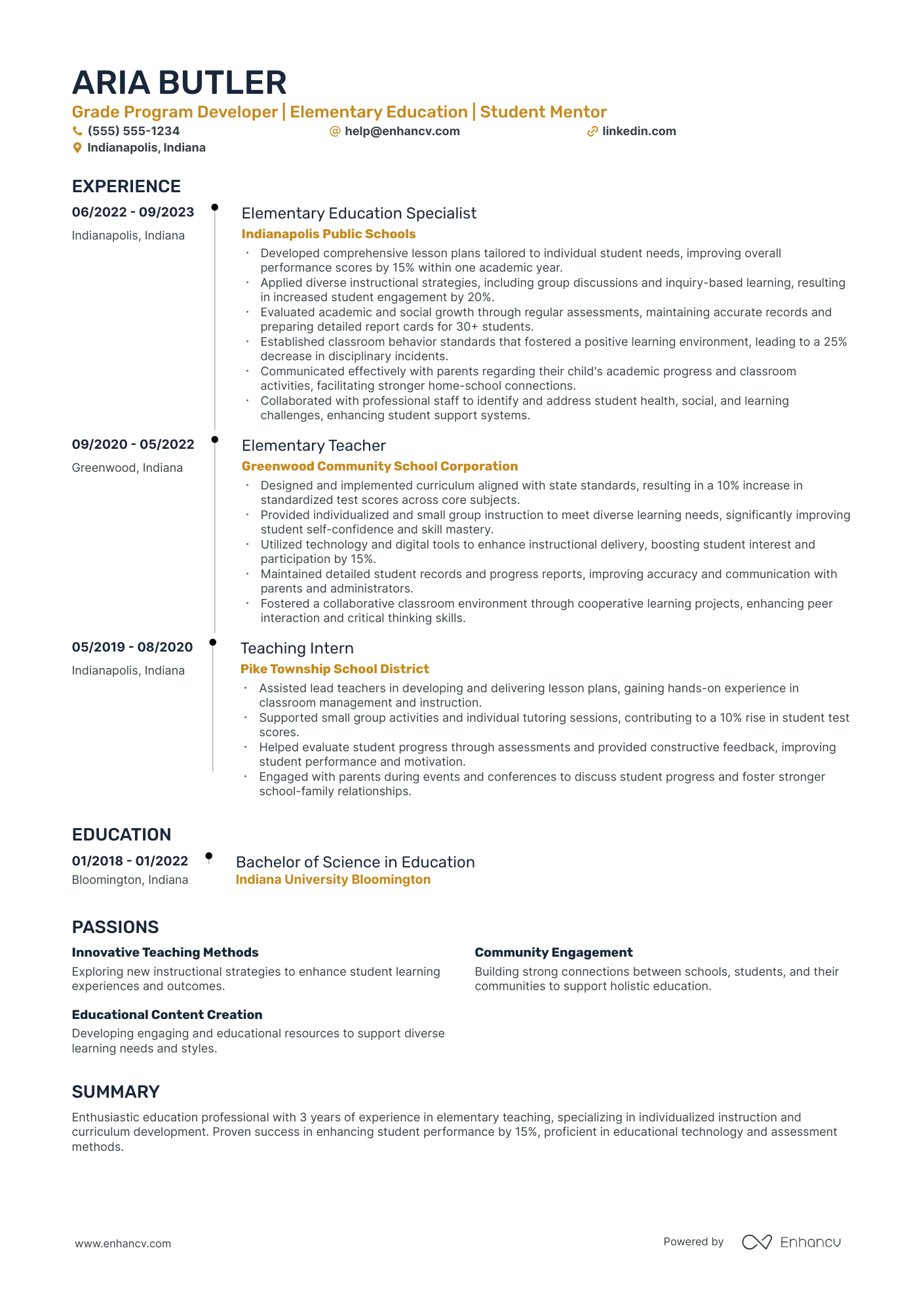 Elementary School Teacher resume example