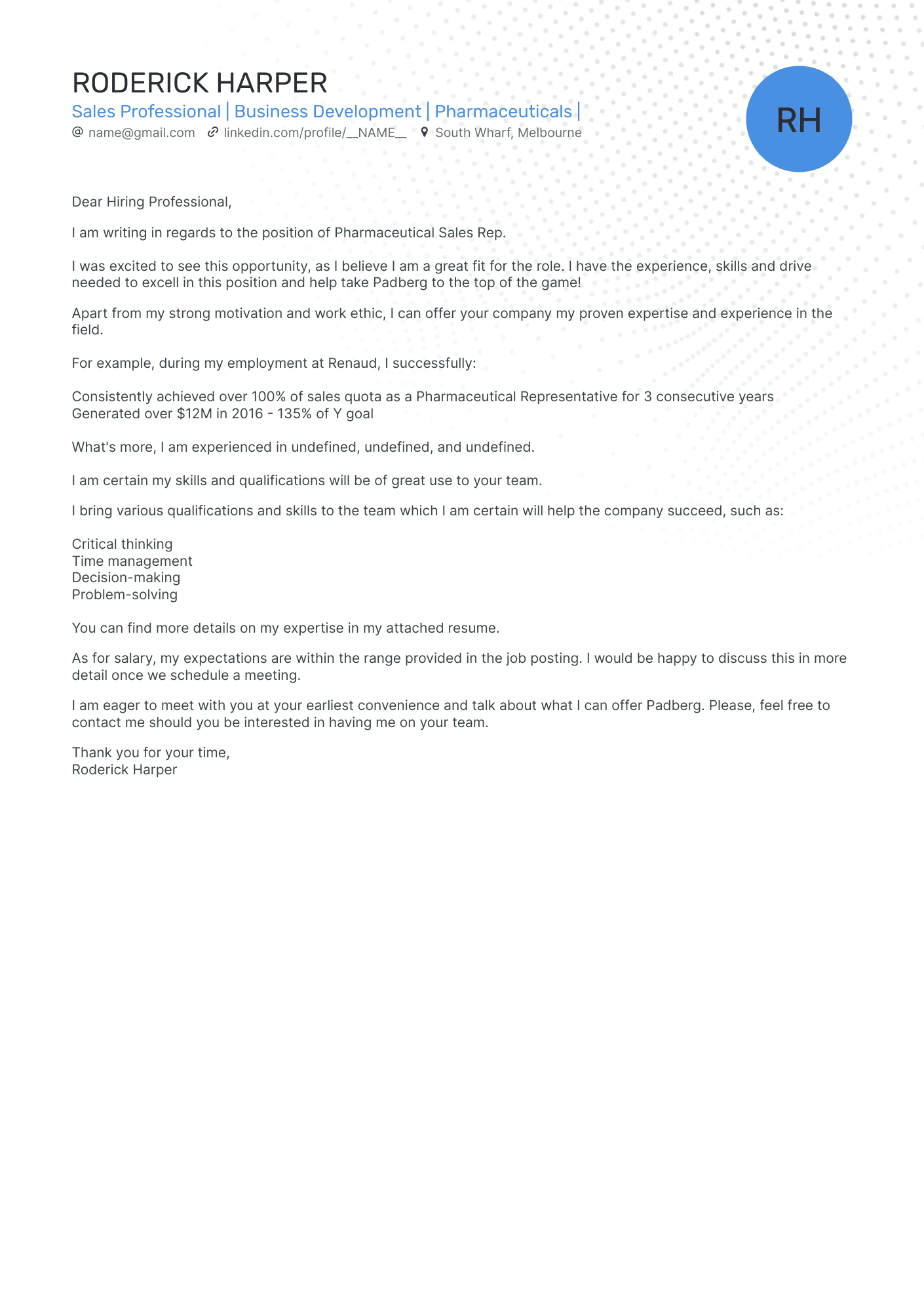 Pharmaceutical Sales Rep cover letter