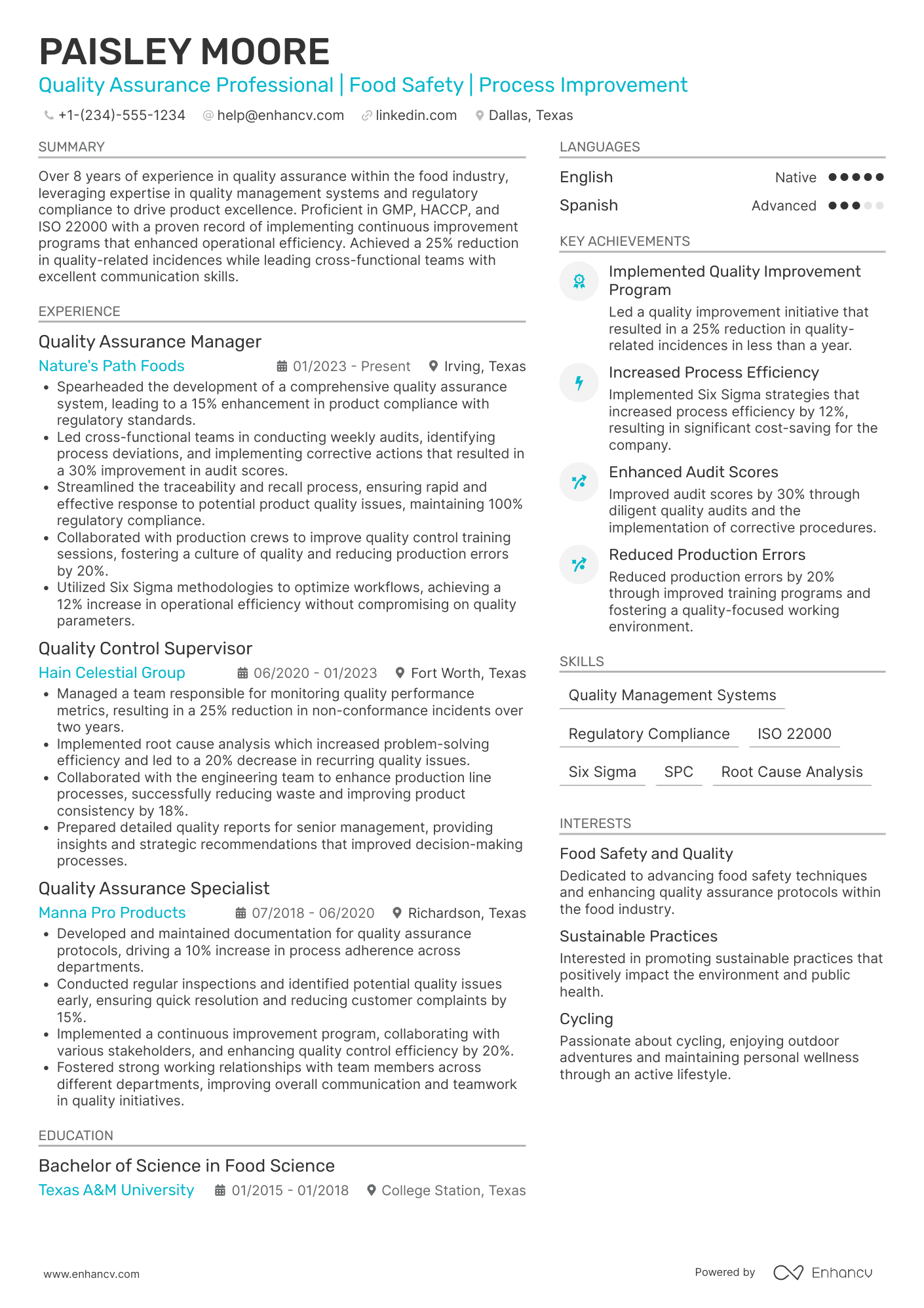 Quality Assurance Officer resume example