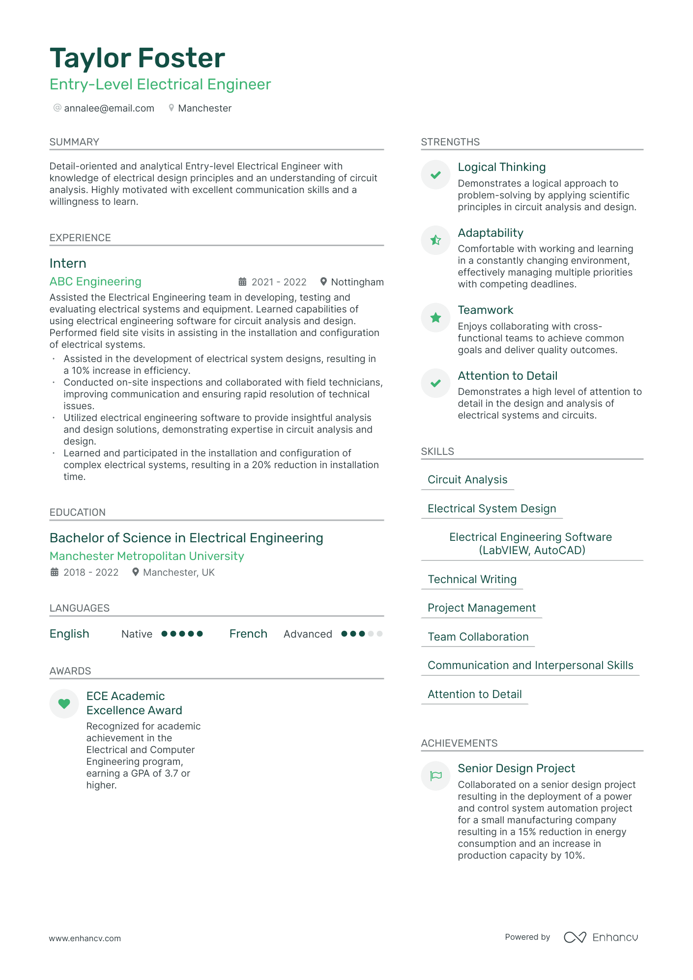 Entry Level Electrical Engineer CV example