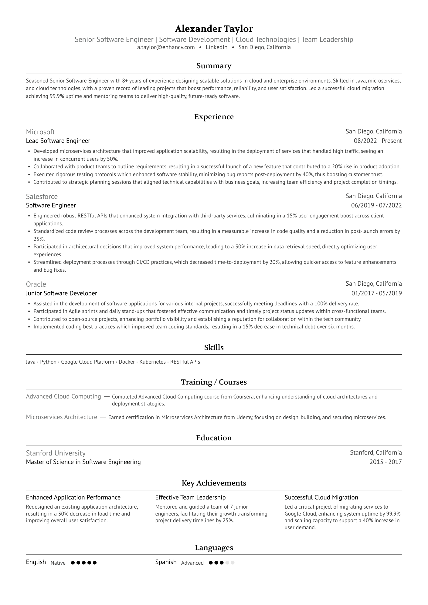 A single column, classic resume template with grey accent colors.