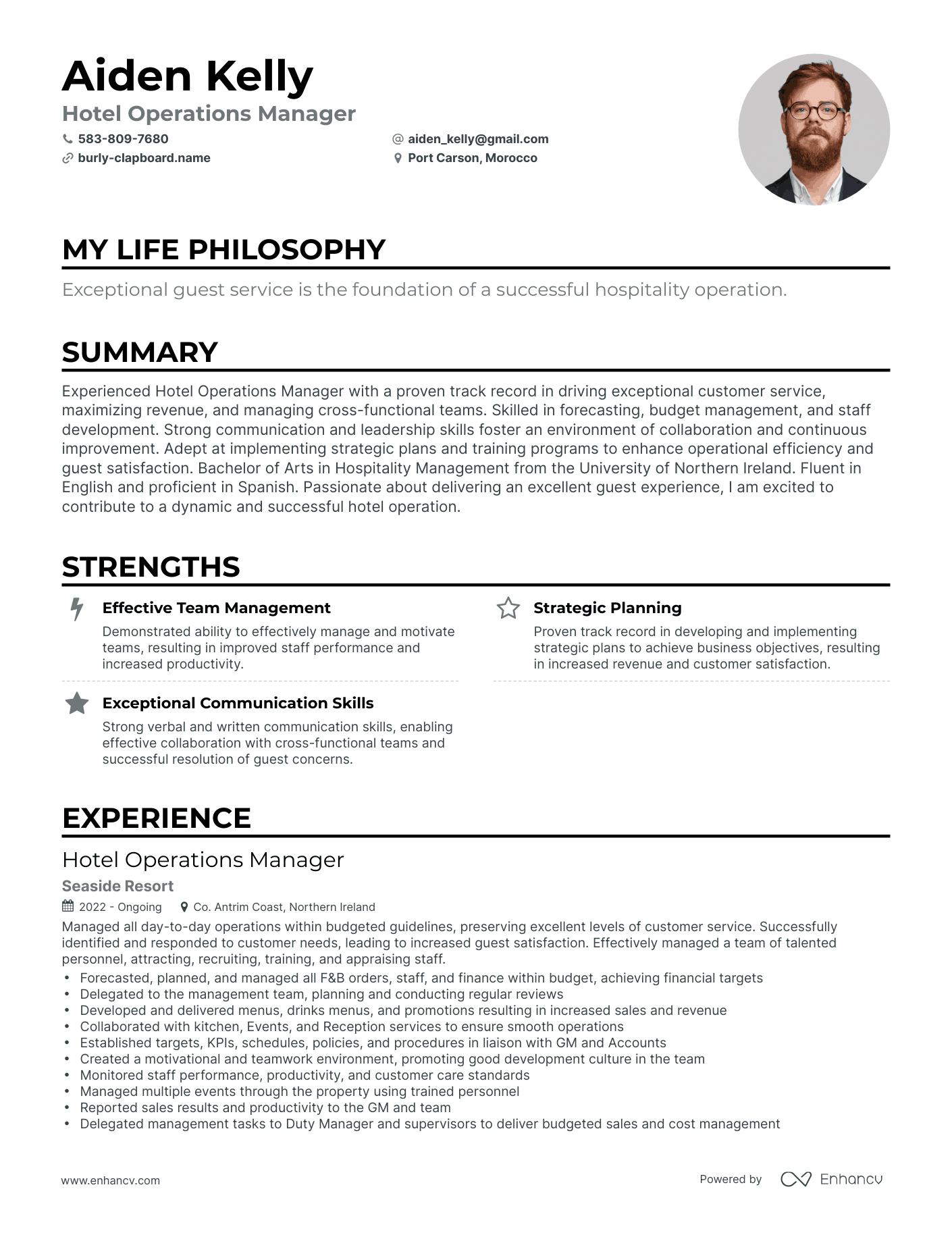 Creative Hotel Operations Manager Resume Example