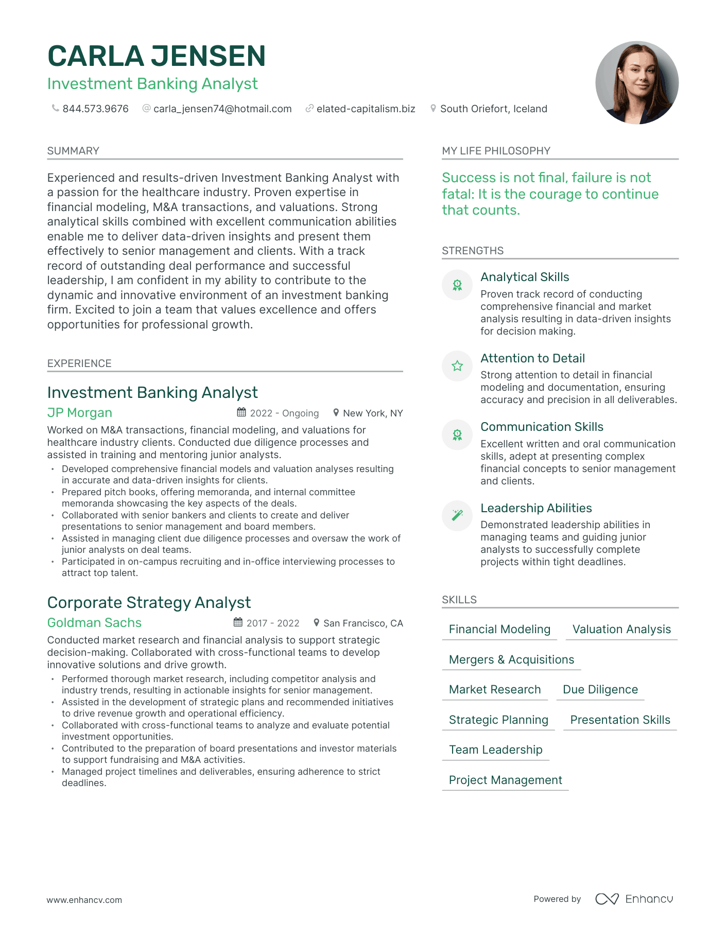 Investment Banking Analyst resume example