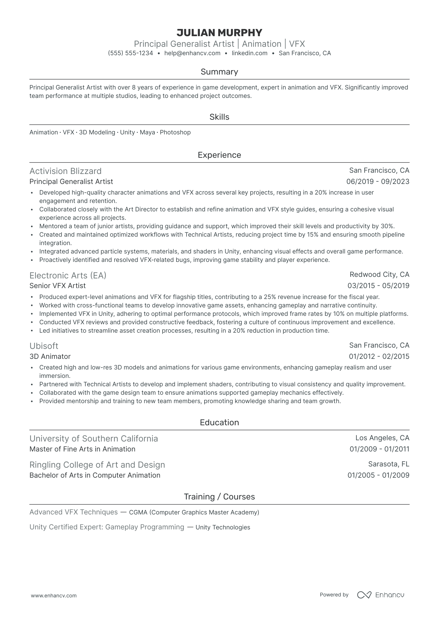 Junior Artist resume example