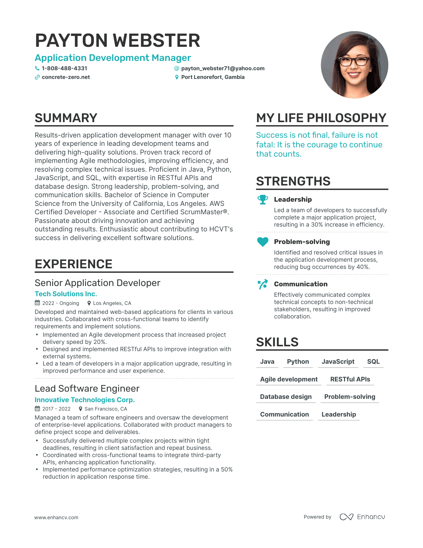 Application Development Manager resume example
