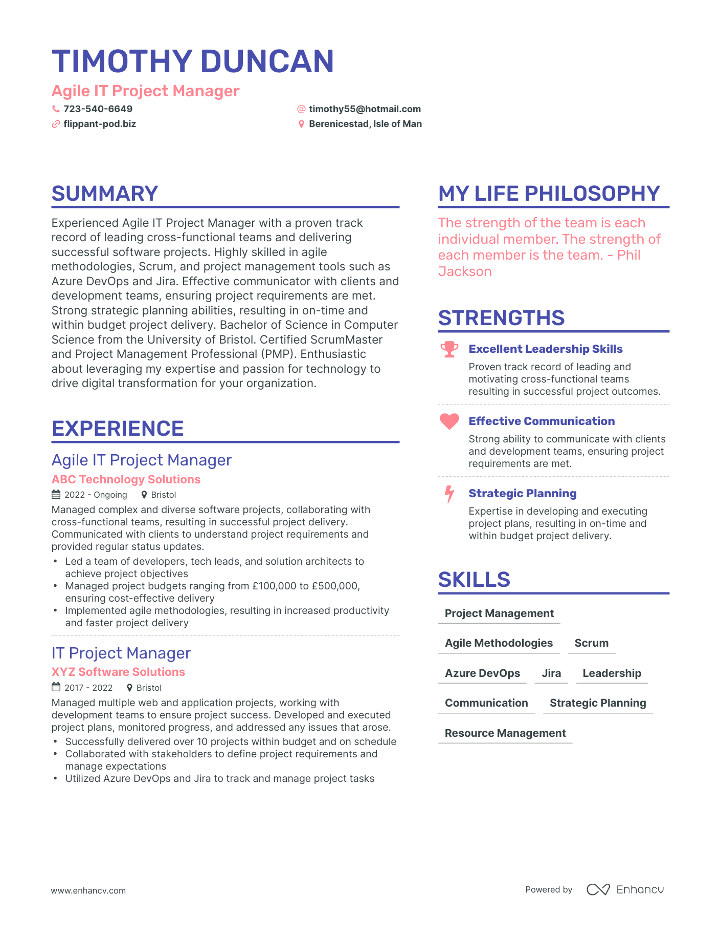 Modern Agile IT Project Manager Resume Example