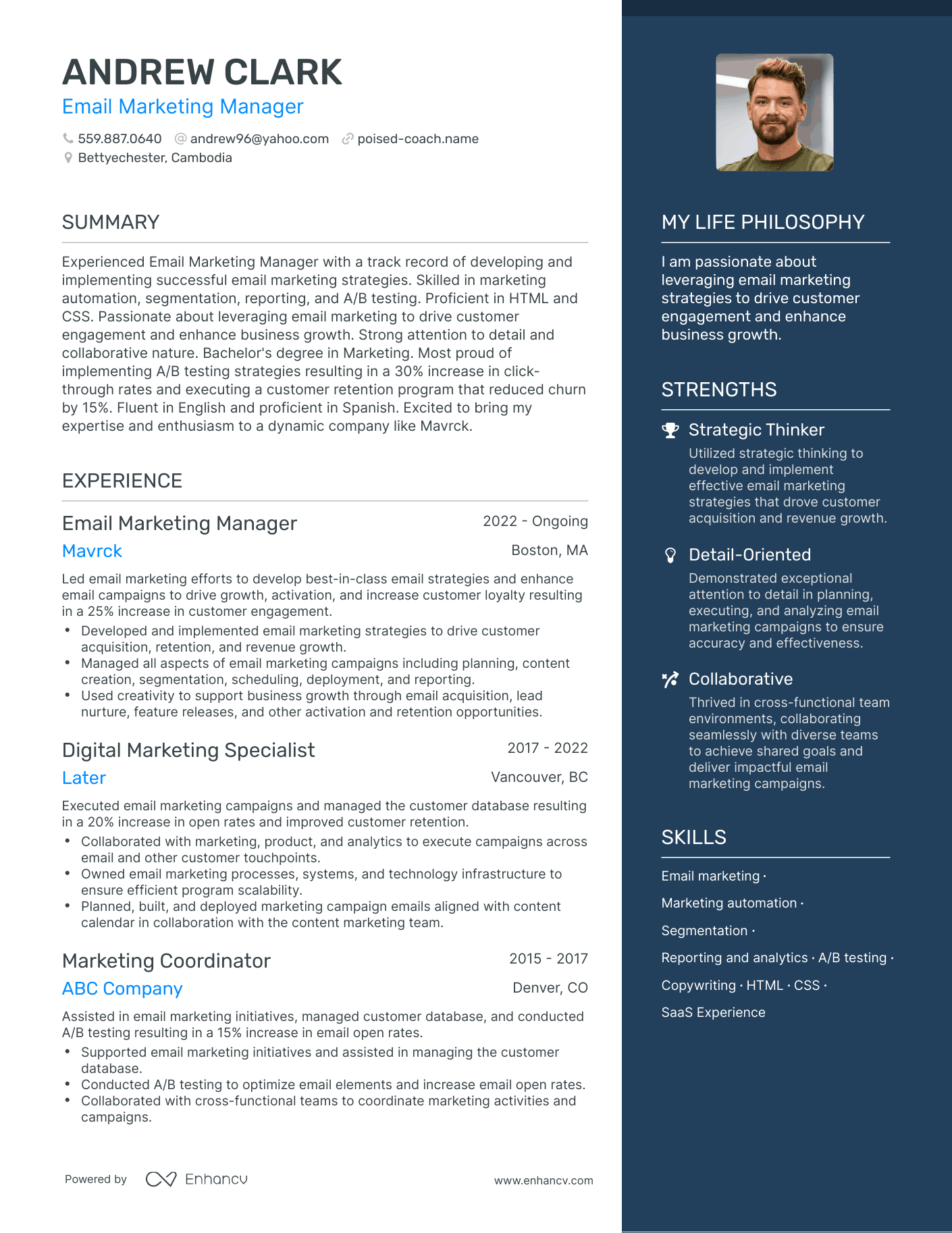 Modern Email Marketing Manager Resume Example