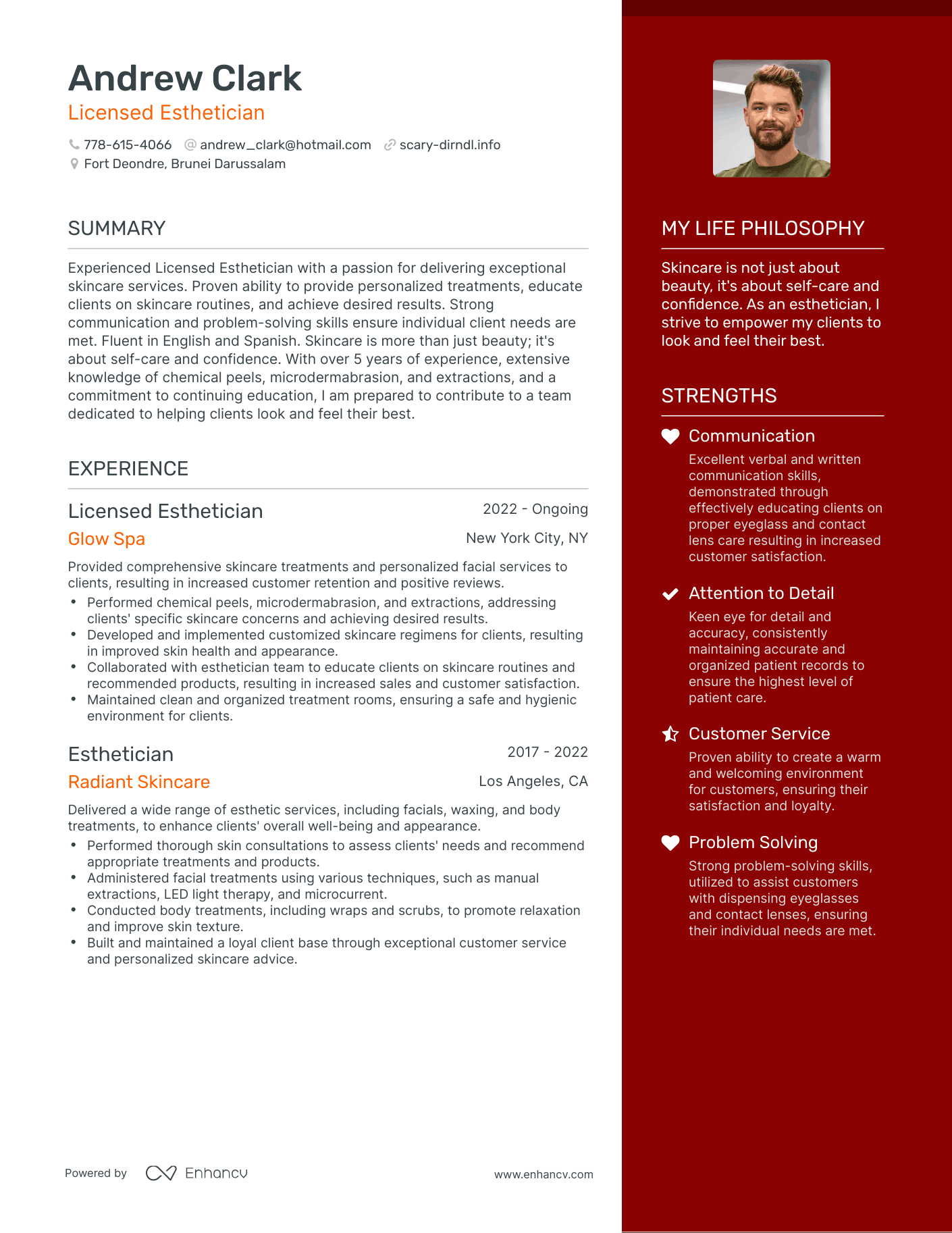 Licensed Esthetician resume example