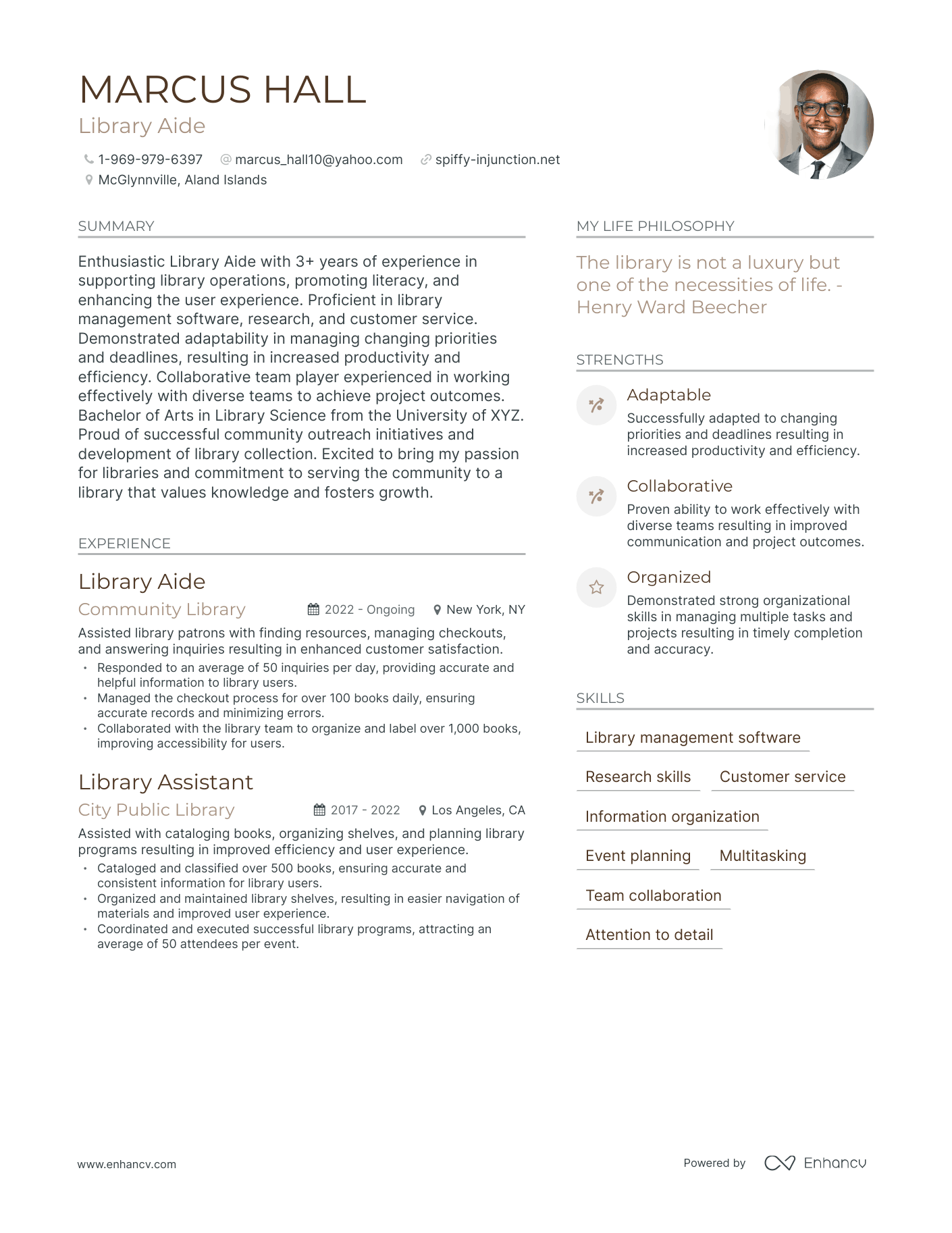 Library Aide resume example