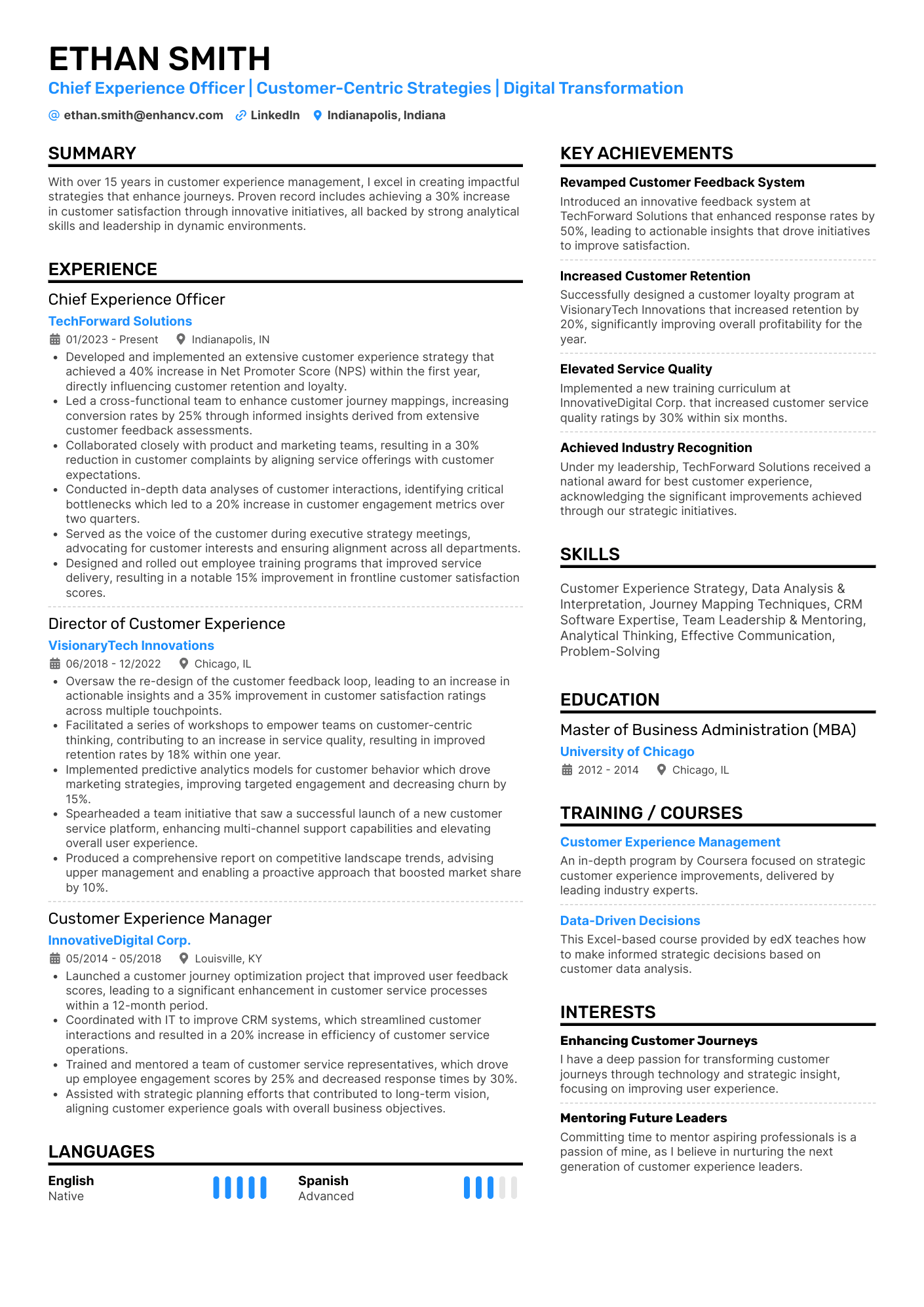 A two column resume with a blue accent color and focus on experience and achievements.