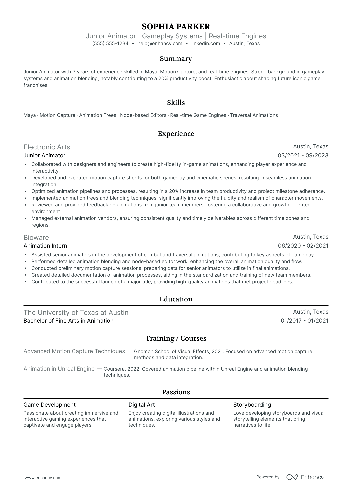 Lead Animator resume example