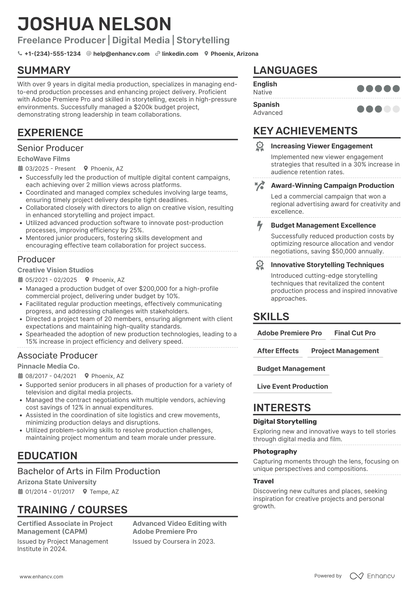 Freelance Producer resume example