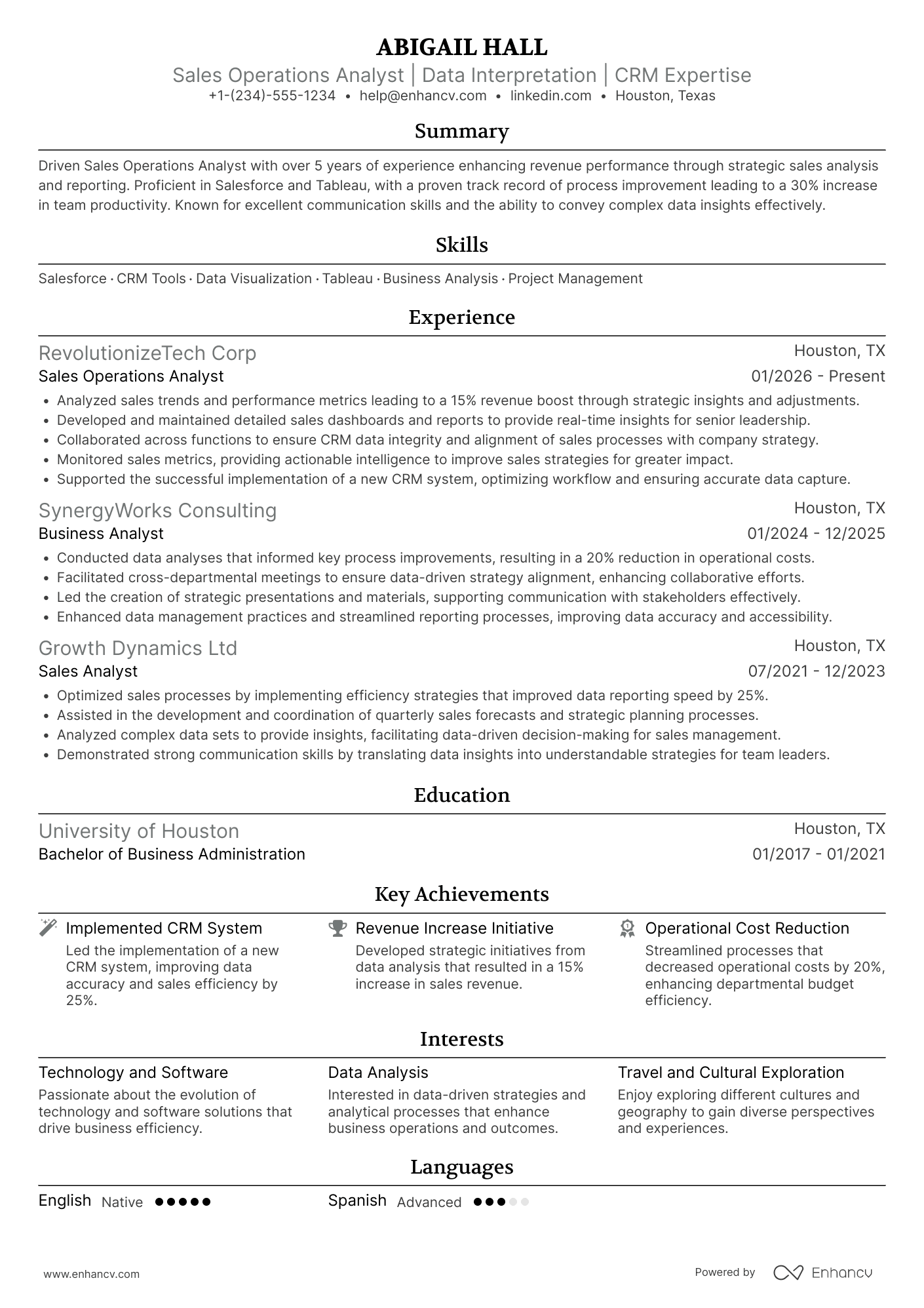 Sales Operations Analyst resume example