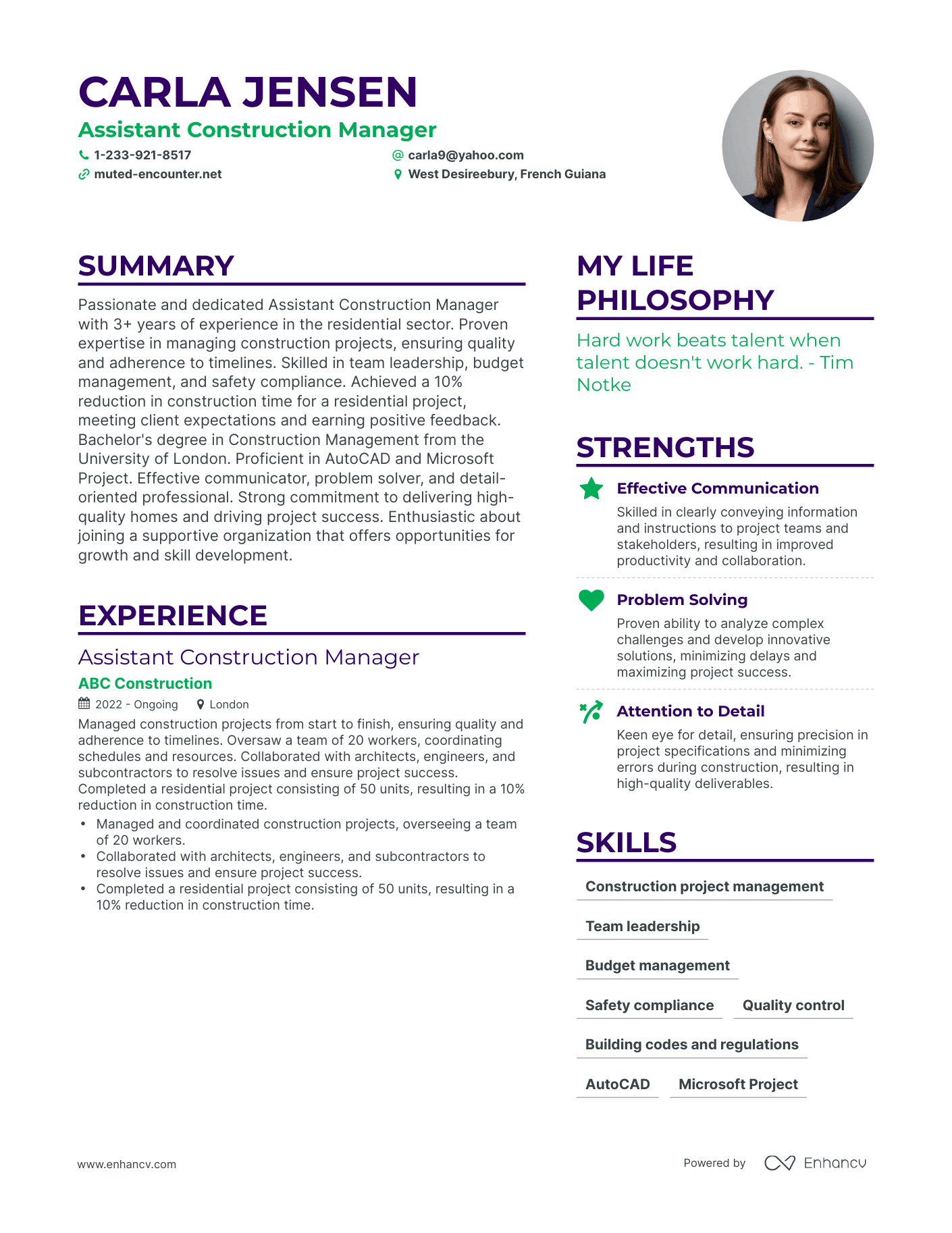 Assistant Construction Manager resume example