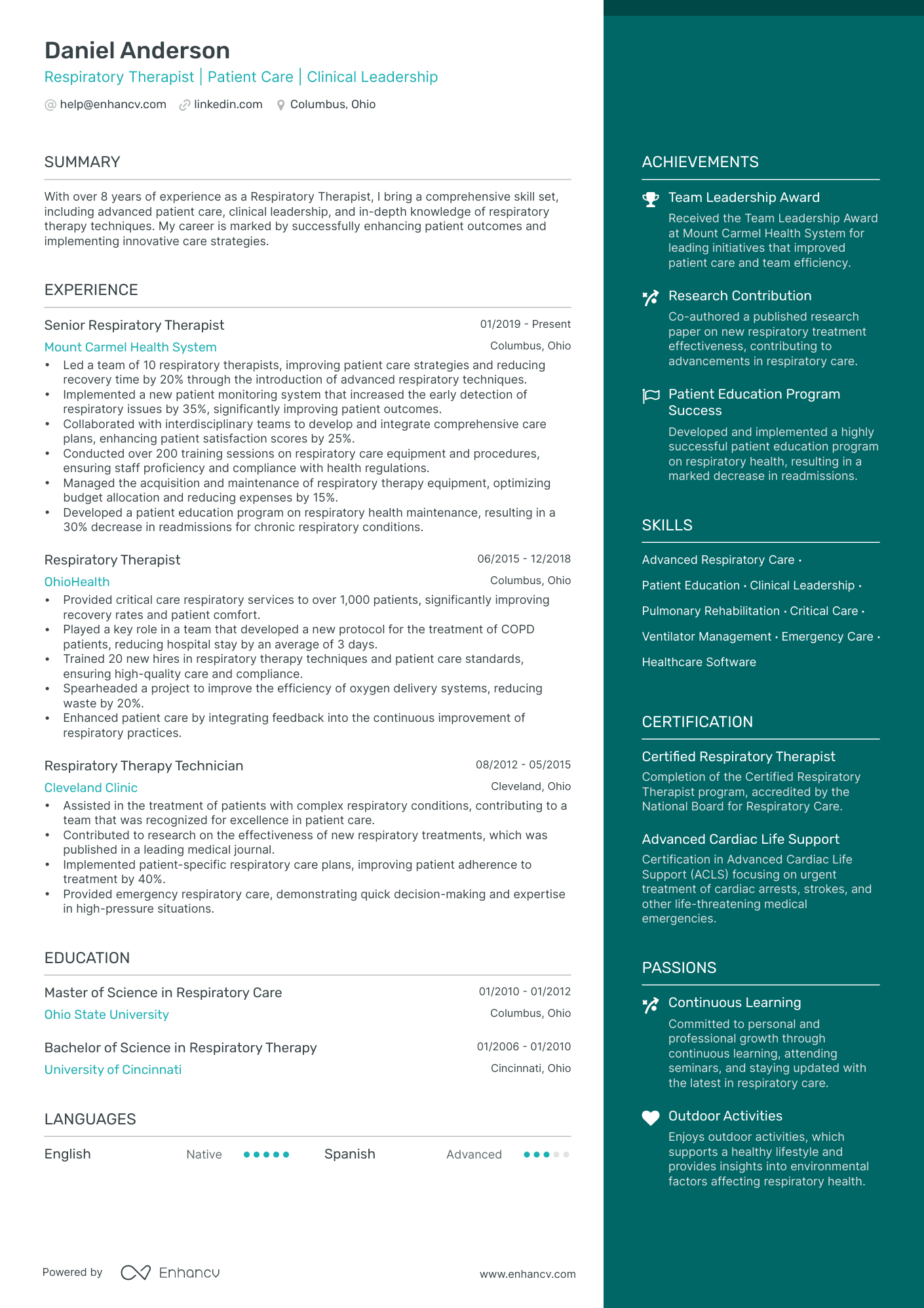 Respiratory Therapist resume example