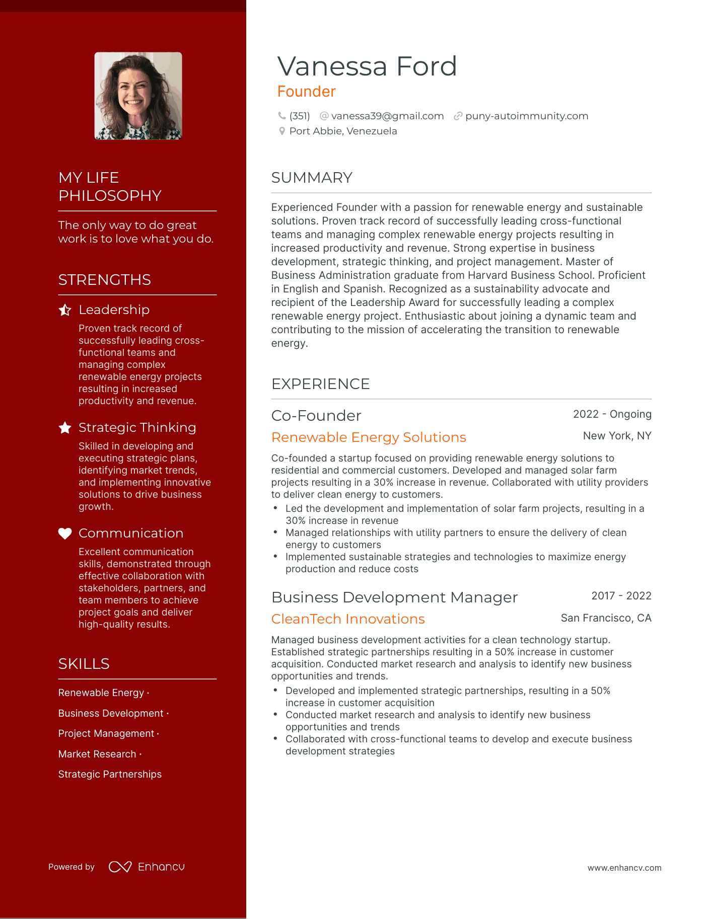 Creative Founder Resume Example