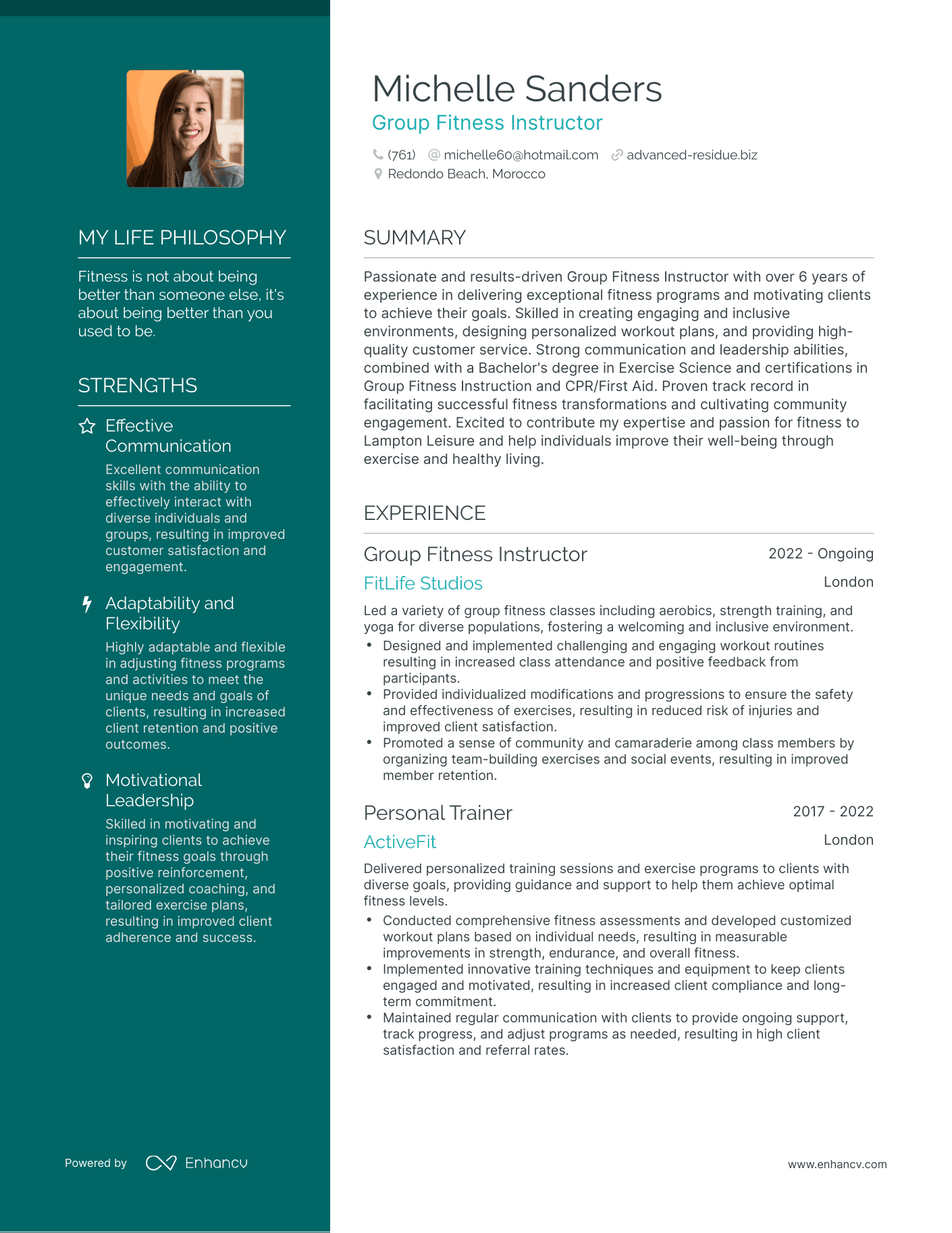 Creative Group Fitness Instructor Resume Example