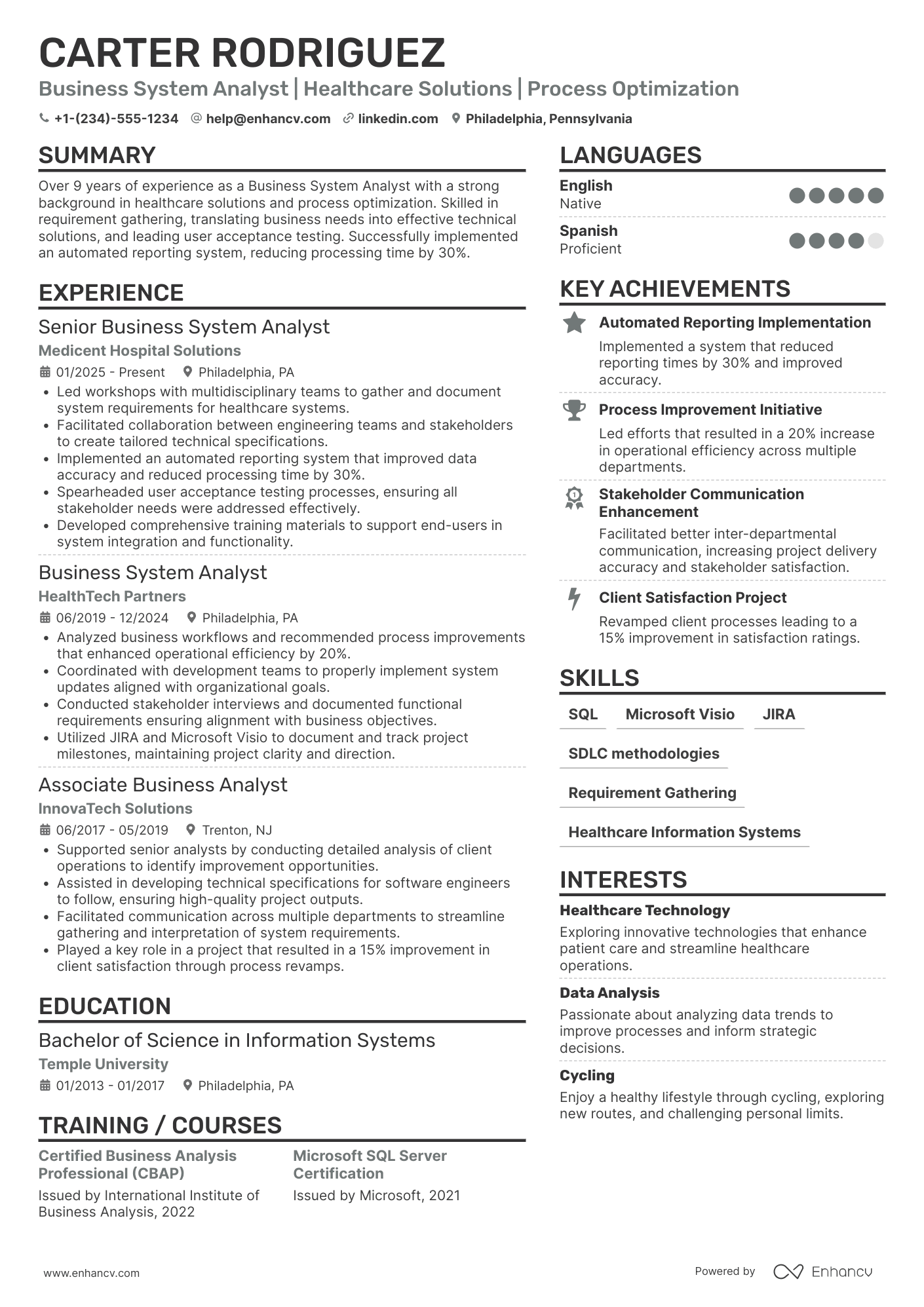 Business System Analyst resume example