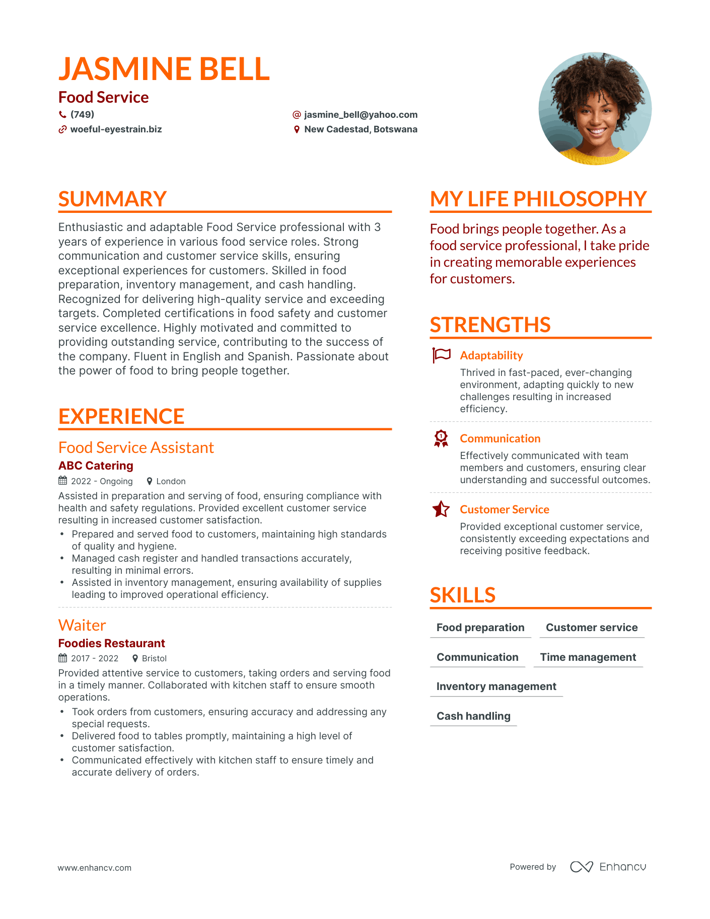 Food Service resume example