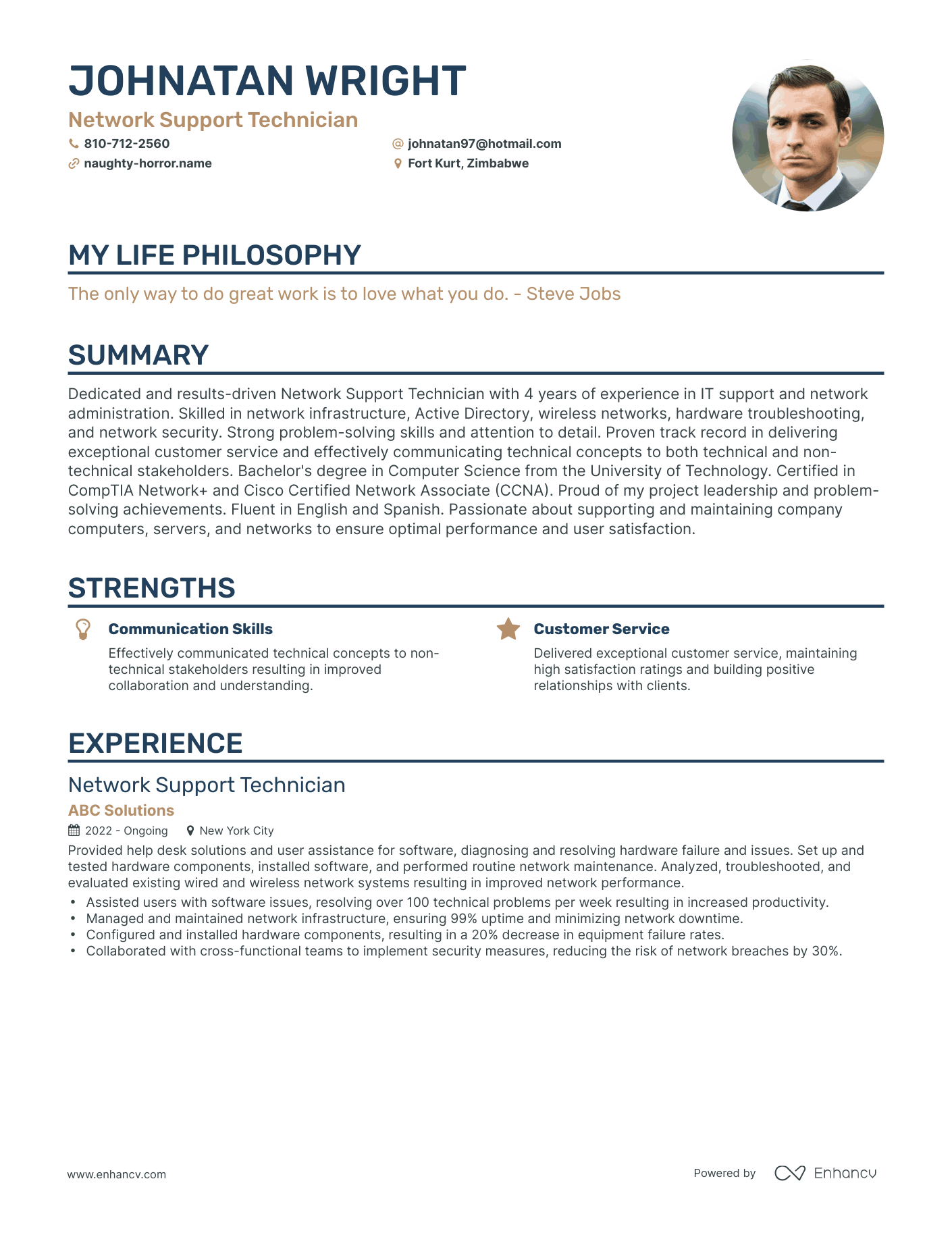 Creative Network Support Technician Resume Example