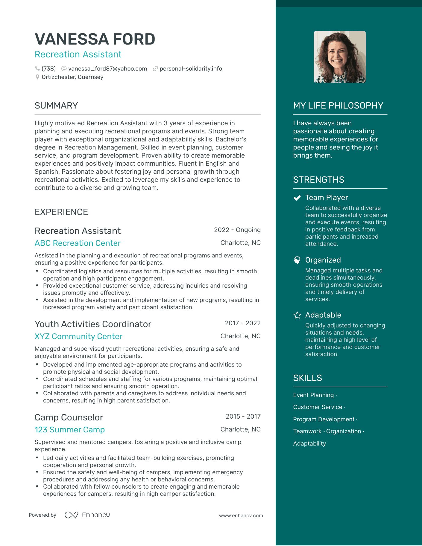 Modern Recreation Assistant Resume Example