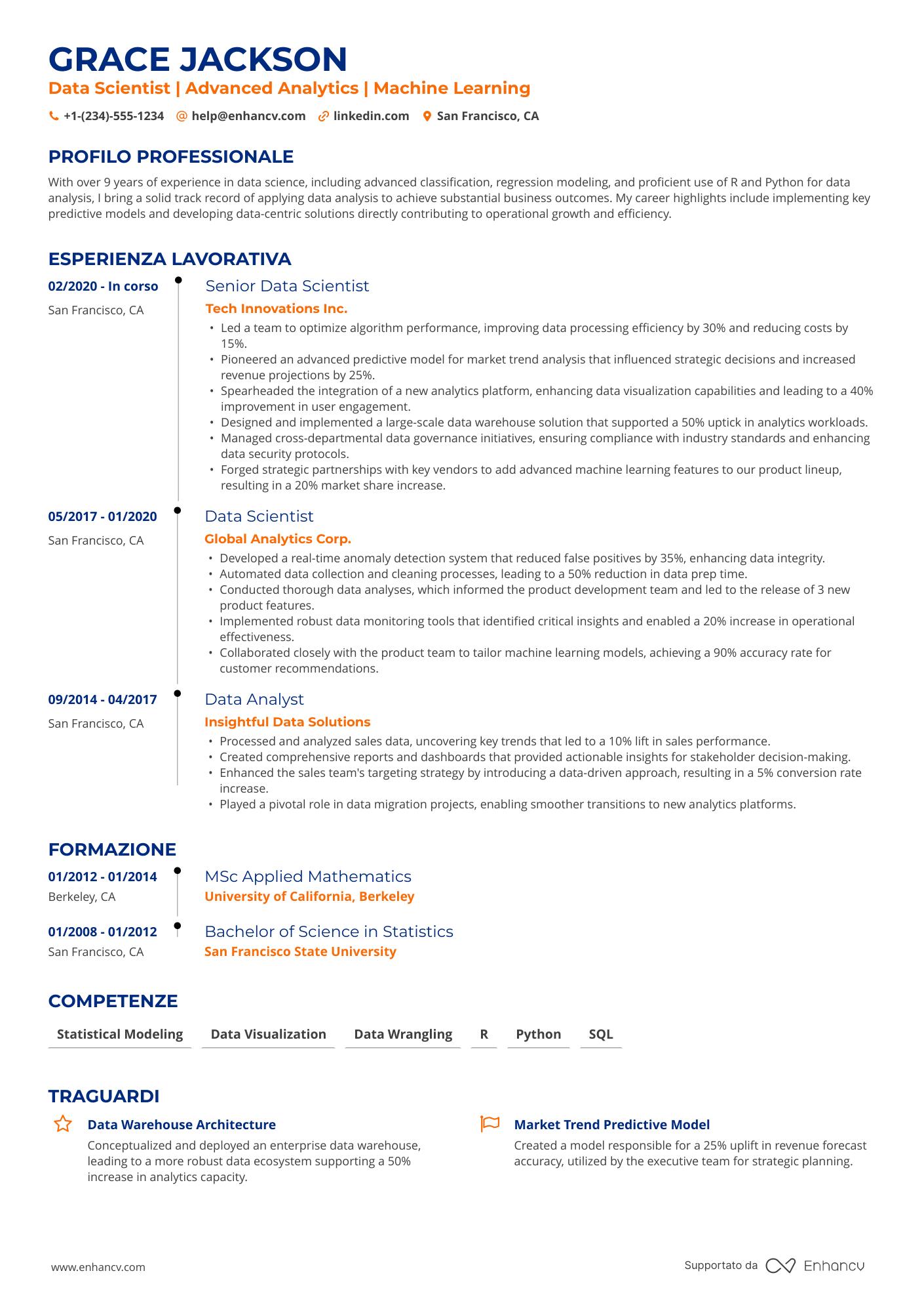 A single column timeline resume template with blue and orange accent colors.