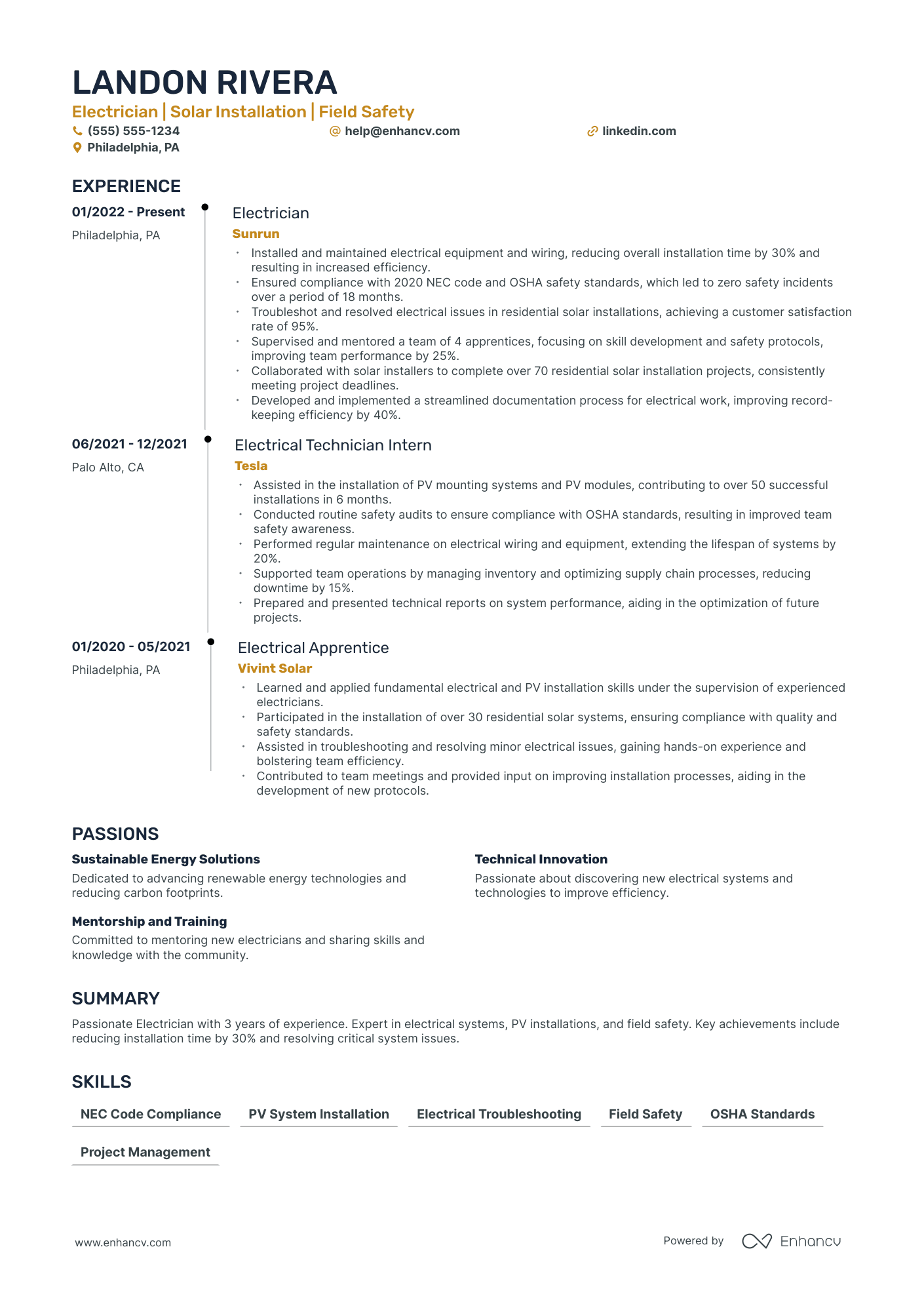 Solar Electrician resume example