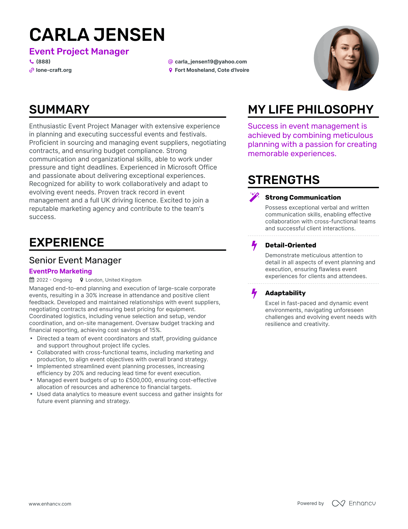 Modern Event Project Manager Resume Example