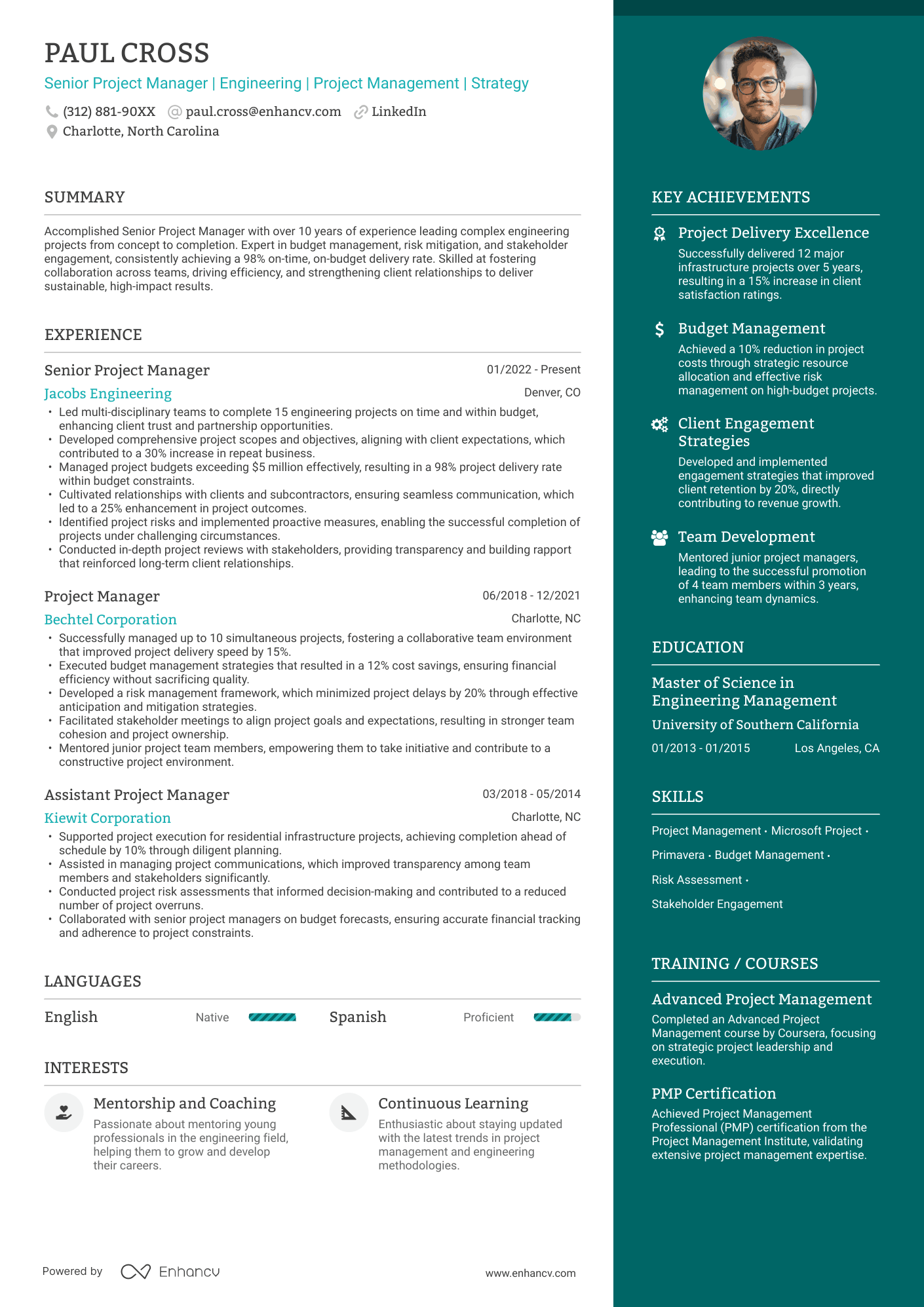 A two column resume template with a wider column for experience and a narrower, blue colored column for your highlights.